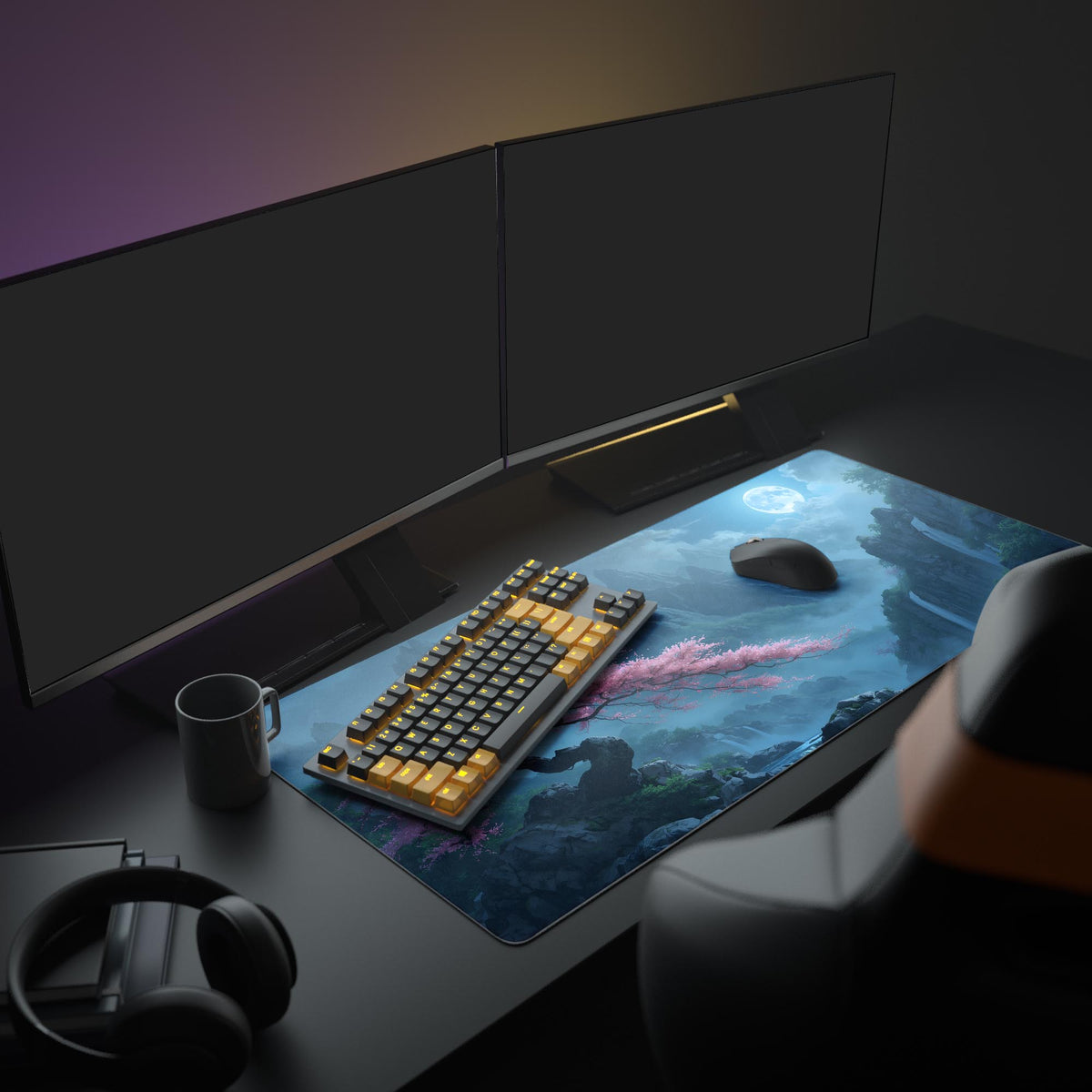 Large Sakura Falls gaming desk mat in an aesthetic desk setup. Shown with dual monitors, a mechanical keyboard, and headphones, creating a cozy and immersive workspace. - Epic Design Pads & Mousepads