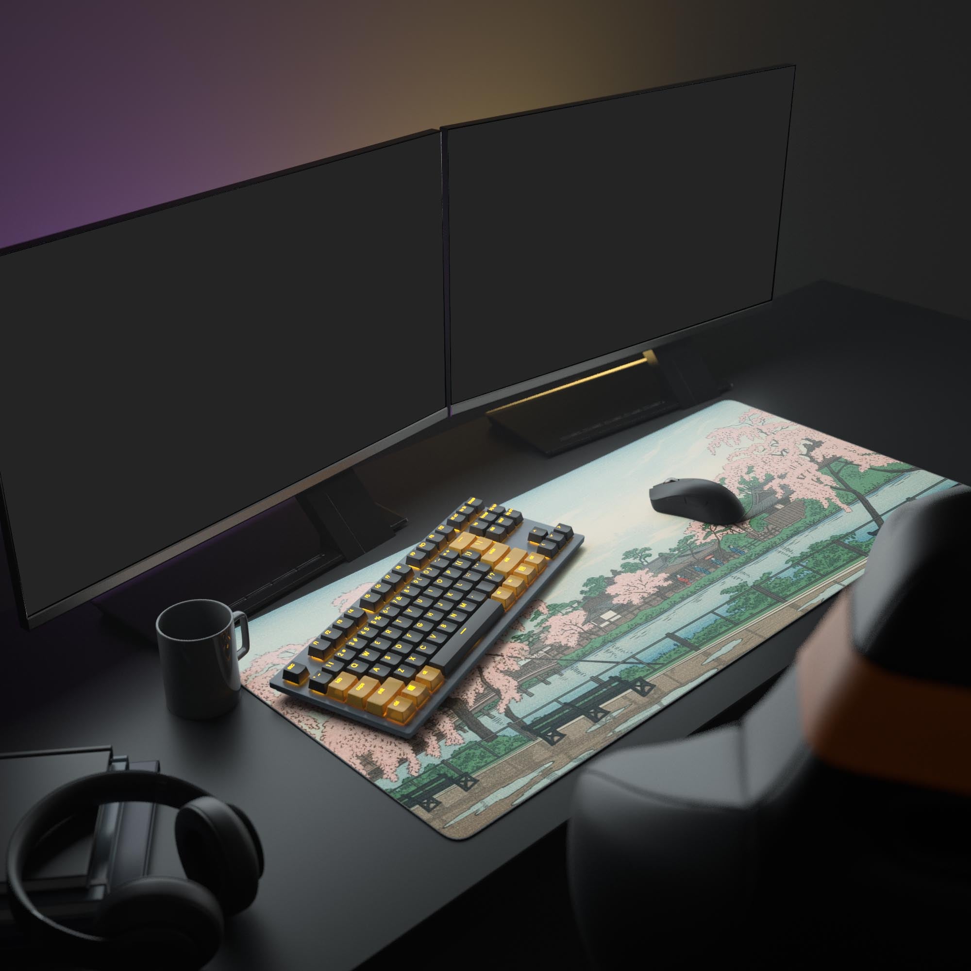 Large Sakura Season Japanese desk mat in a complete office setup with dual monitors, headphones, and keyboard. - Epic Design Pads