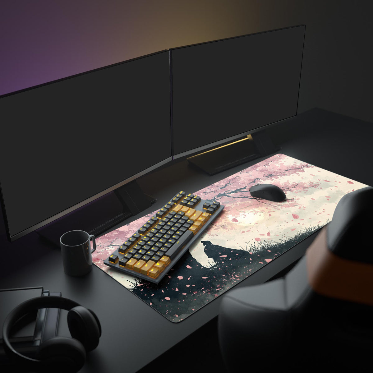 Large Sakura Serenity desk mat shown in an aesthetic gaming setup with dual monitors, a mechanical keyboard, and headphones. - Epic Design Pads