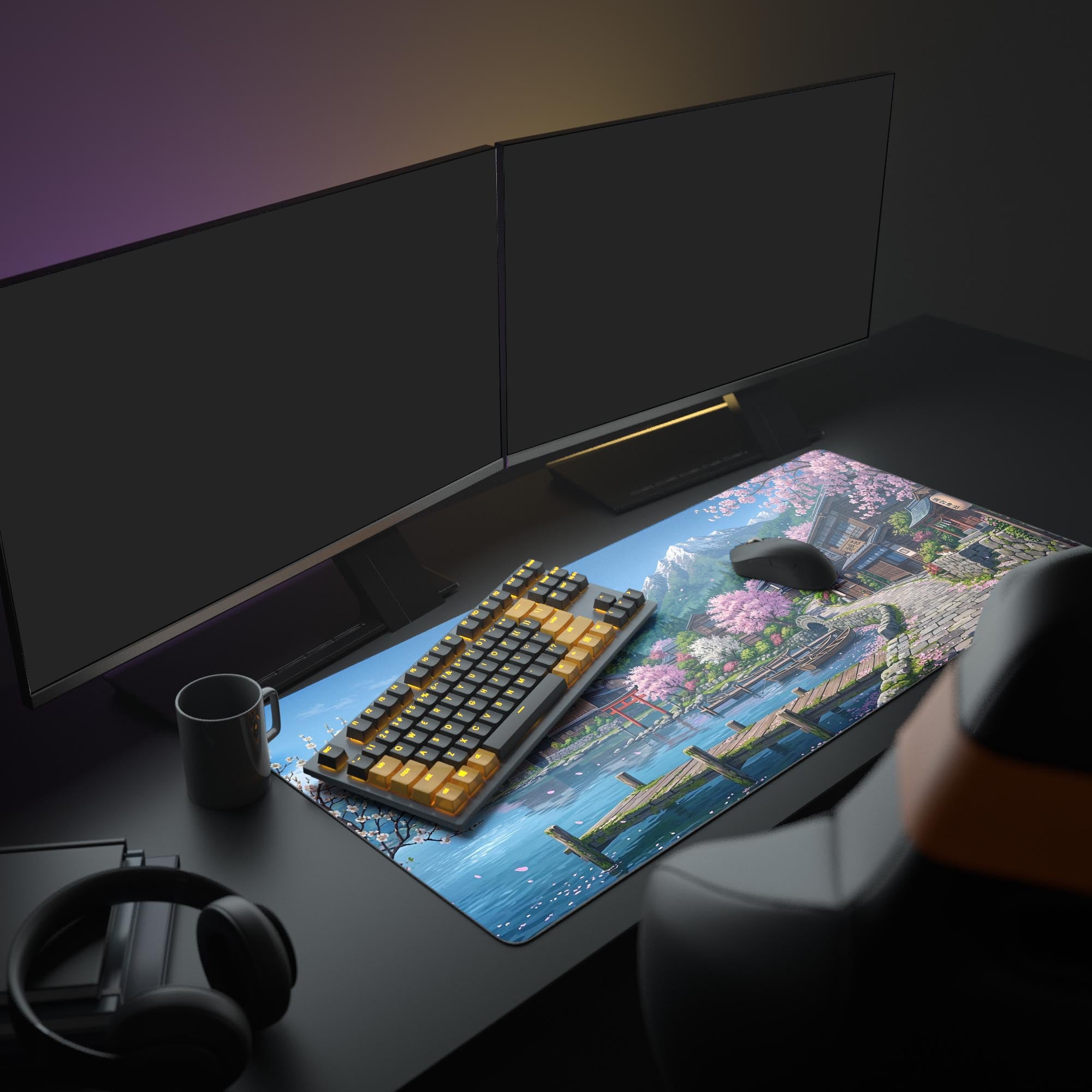 A tranquil PC setup featuring the Sakura Shores mouse pad, with its Japanese cherry blossom landscape enhancing the aesthetic of a monitor and gaming keyboard. - Epic Design Pads & Mousepads