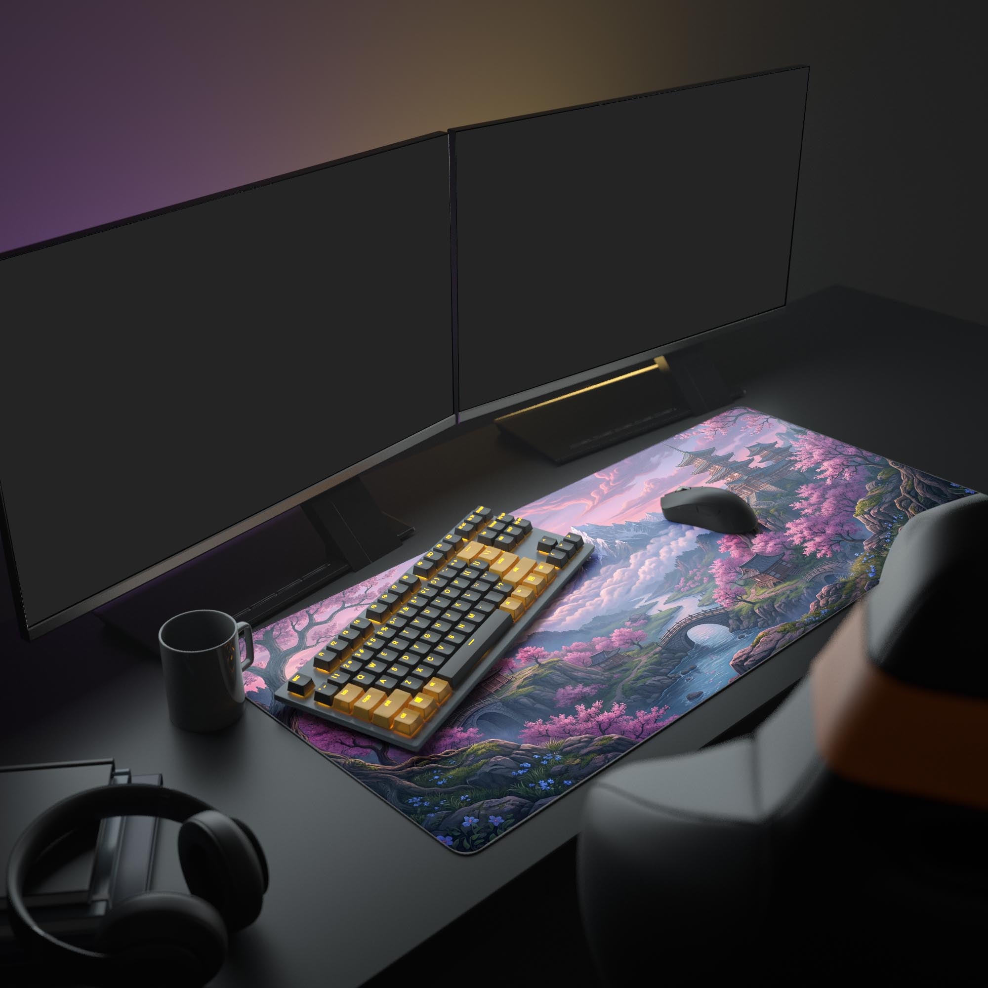 The Sakura Summit XL mouse pad elevates a full PC gaming setup, its vibrant pink and purple Japanese art design beautifully complementing the monitors and keyboard. - Epic Design Pads & Mousepads
