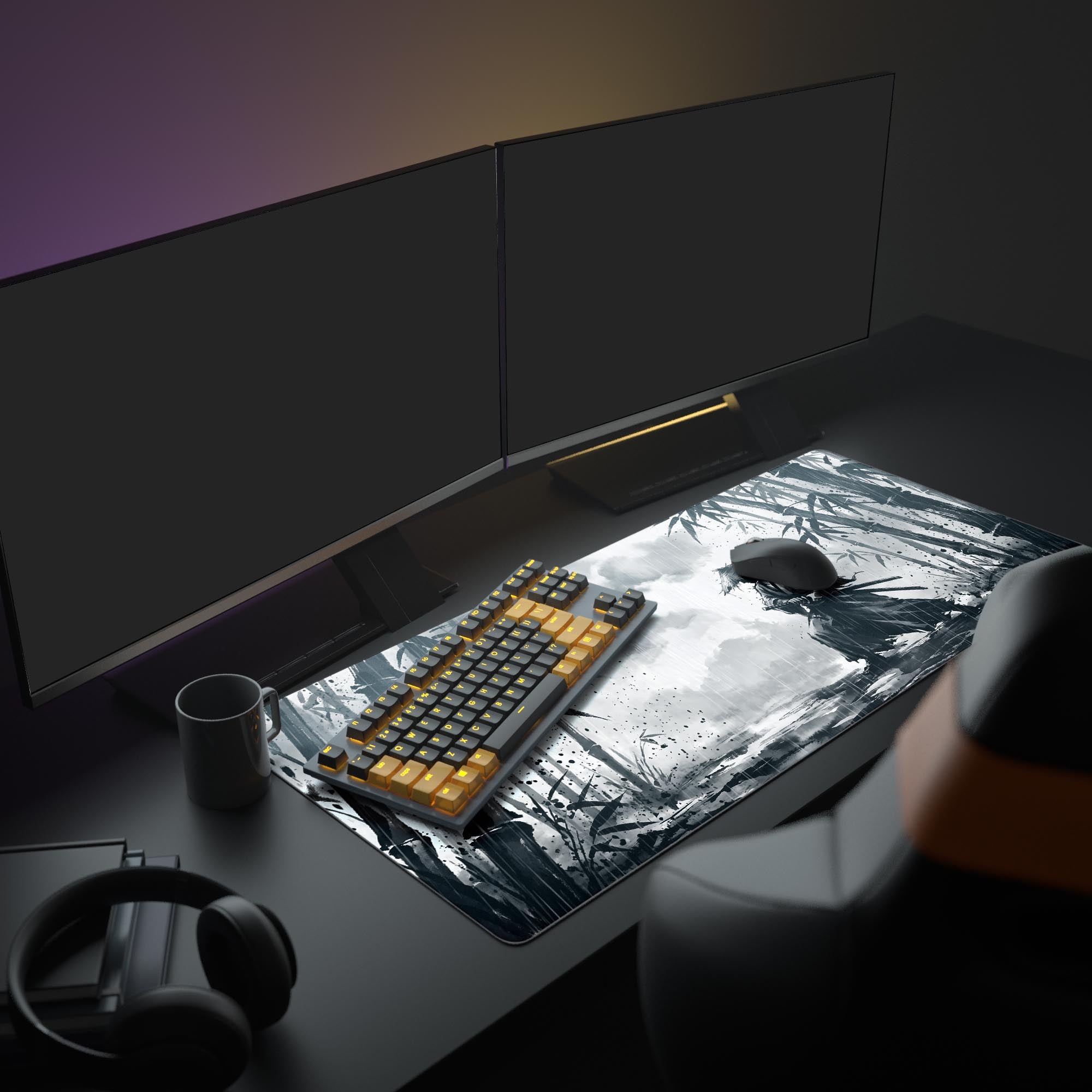 Close up of the sumi-e samurai art on a waterproof gaming mouse pad