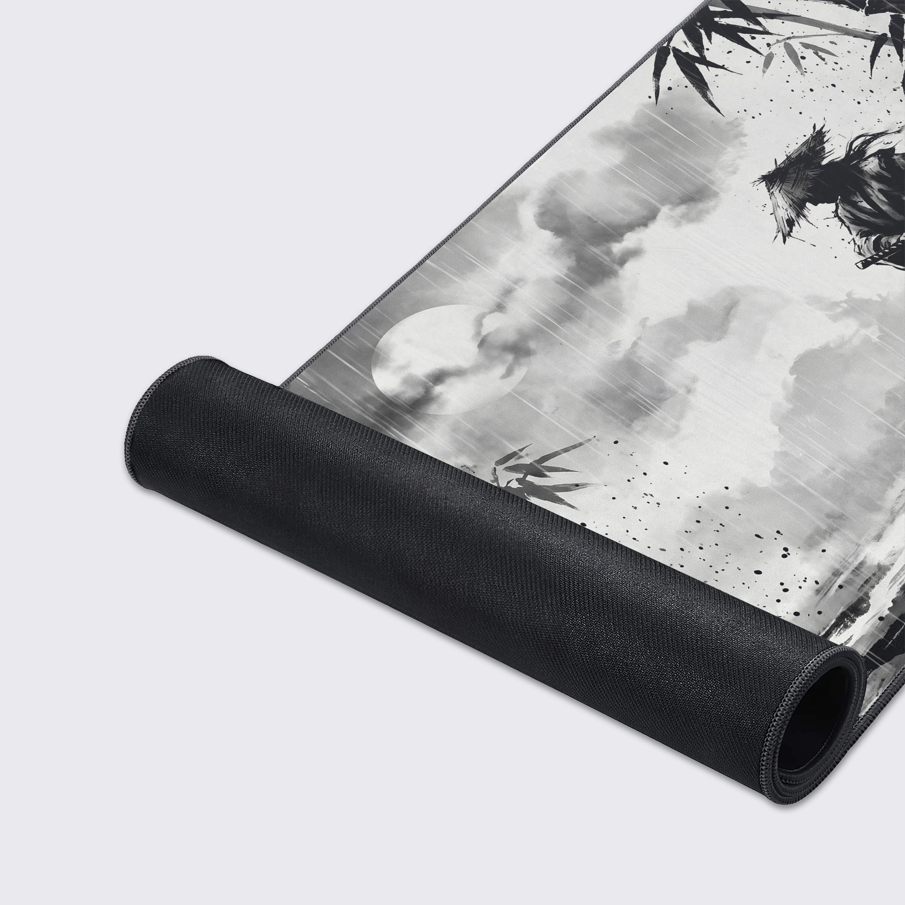 Monochrome Japanese aesthetic desk mat showing a full moon and rain over a lone ronin