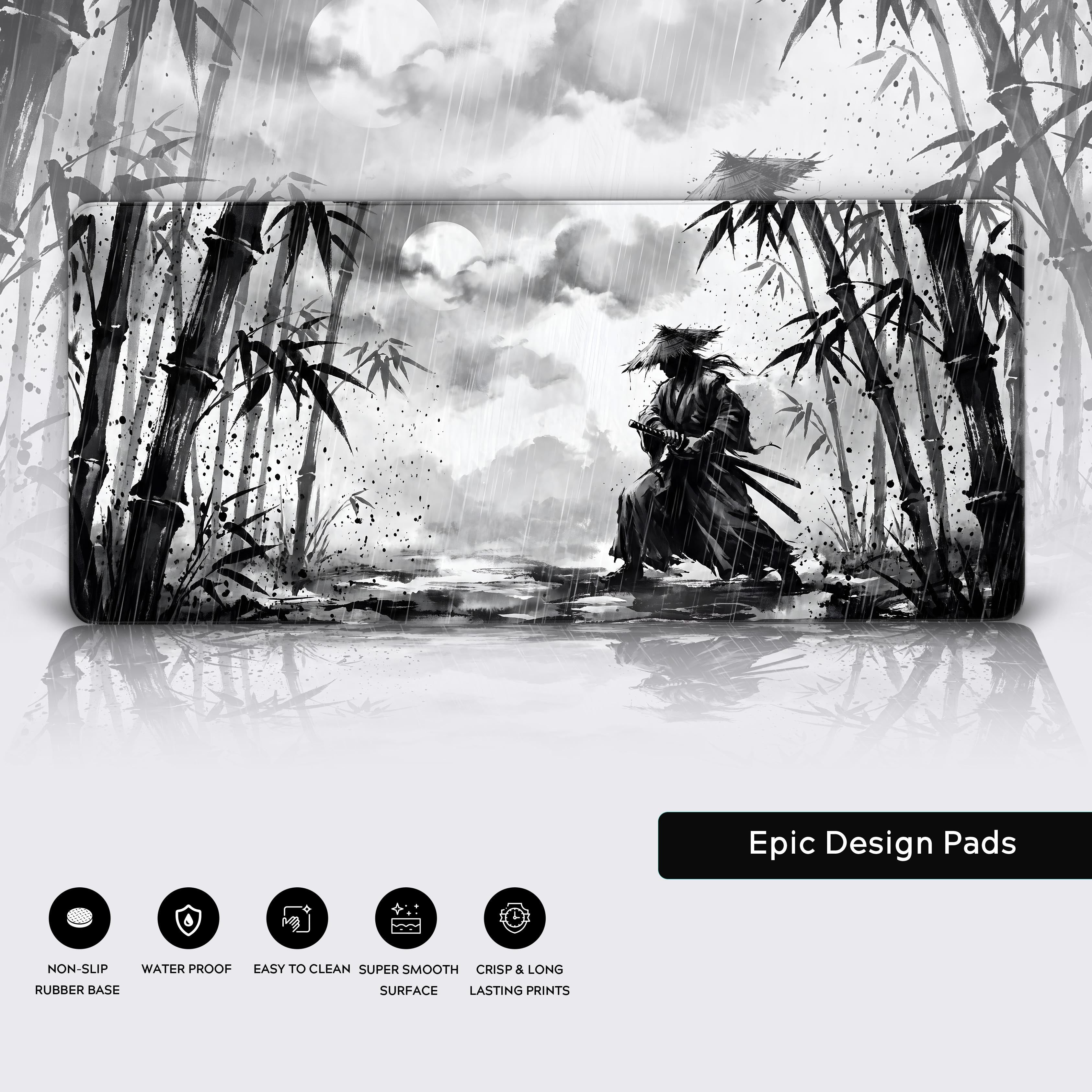 Epic Design Pads samurai desk pad showcasing non-slip base and smooth surface features
