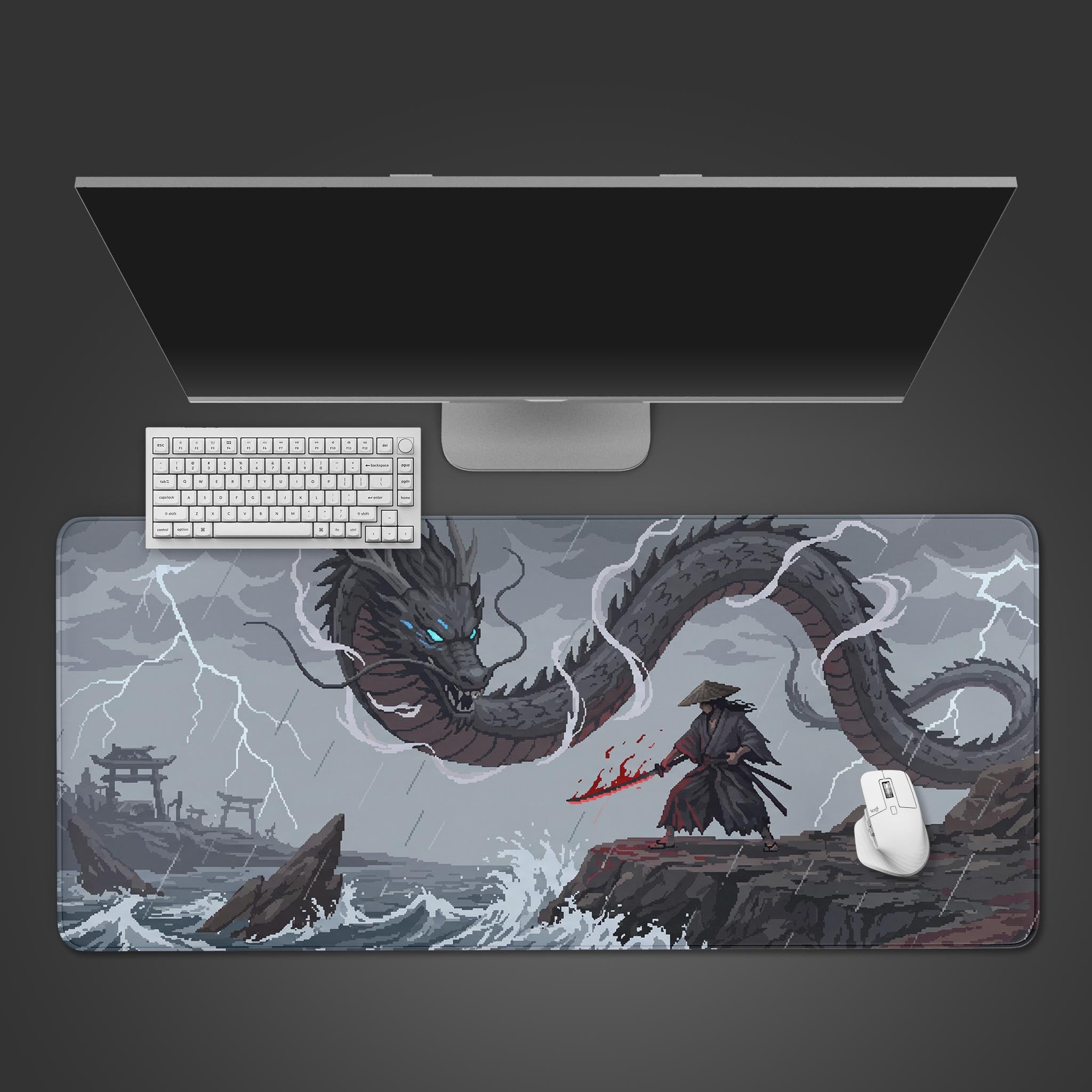 Large desk mat featuring pixel art of a samurai facing a giant grey dragon in a storm