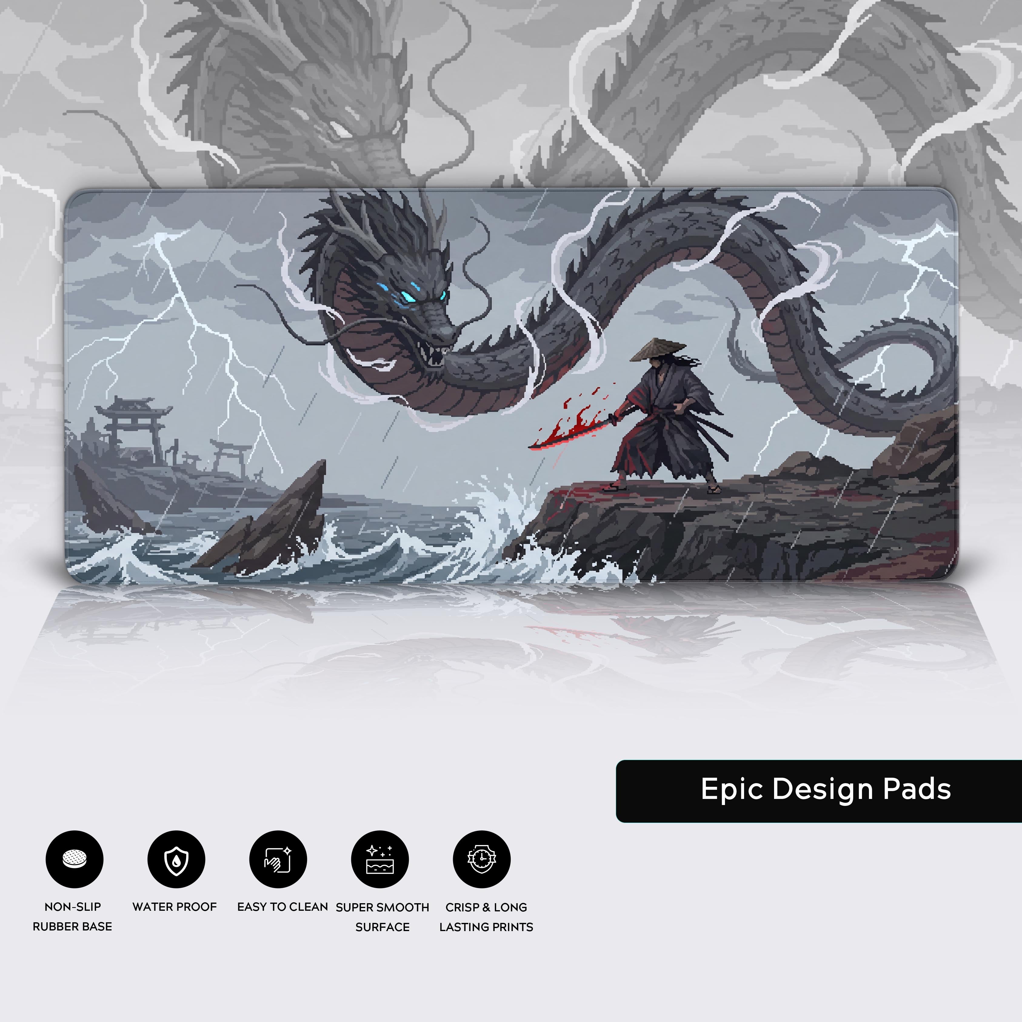 Background details showing crashing ocean waves, rain, and a distant torii gate in a pixel art style