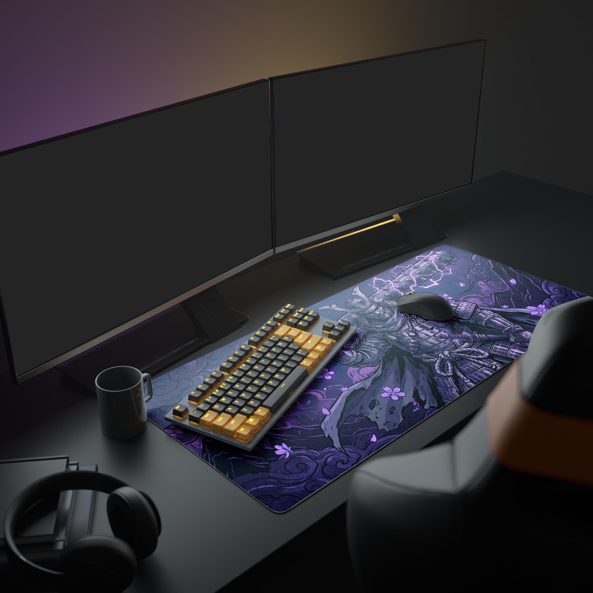 Close-up of the ultra-smooth desk mat surface showcasing detailed dark mountains, cherry blossoms, and crisp samurai armor