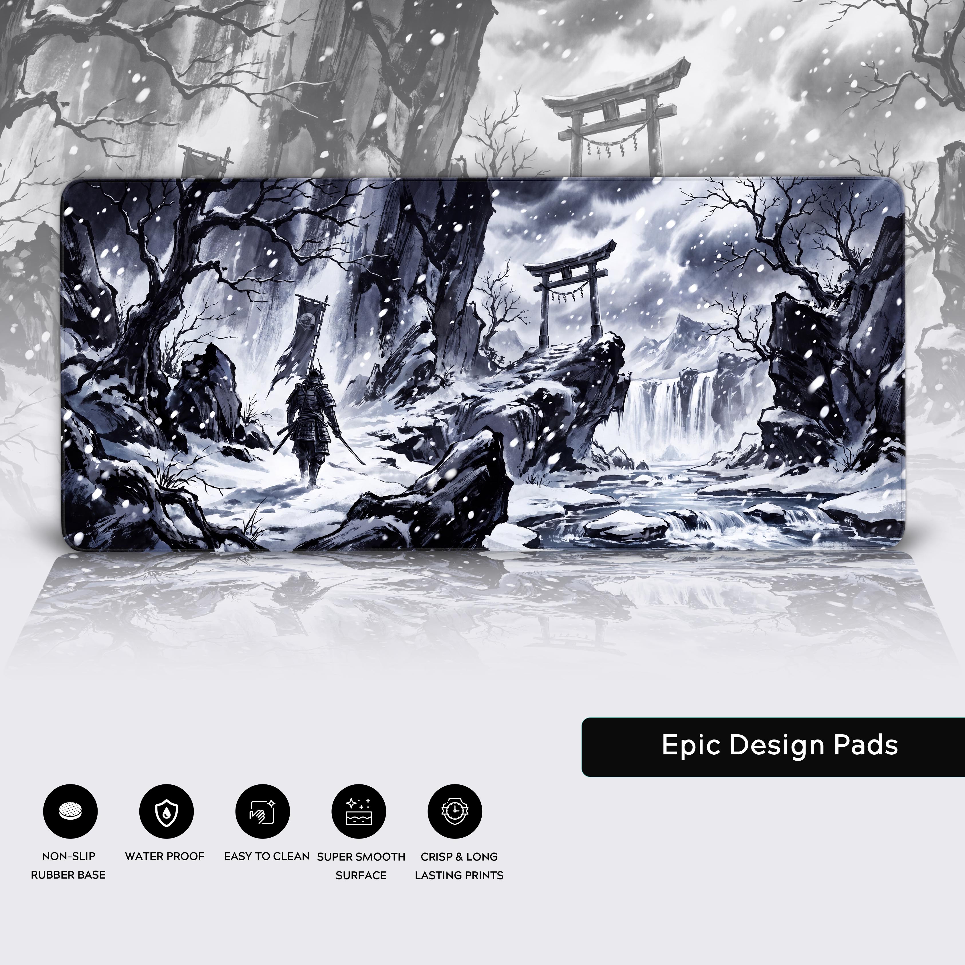 Full view of the Frostbound Samurai gaming mouse pad reflecting its epic dark design on a clean desk setup.