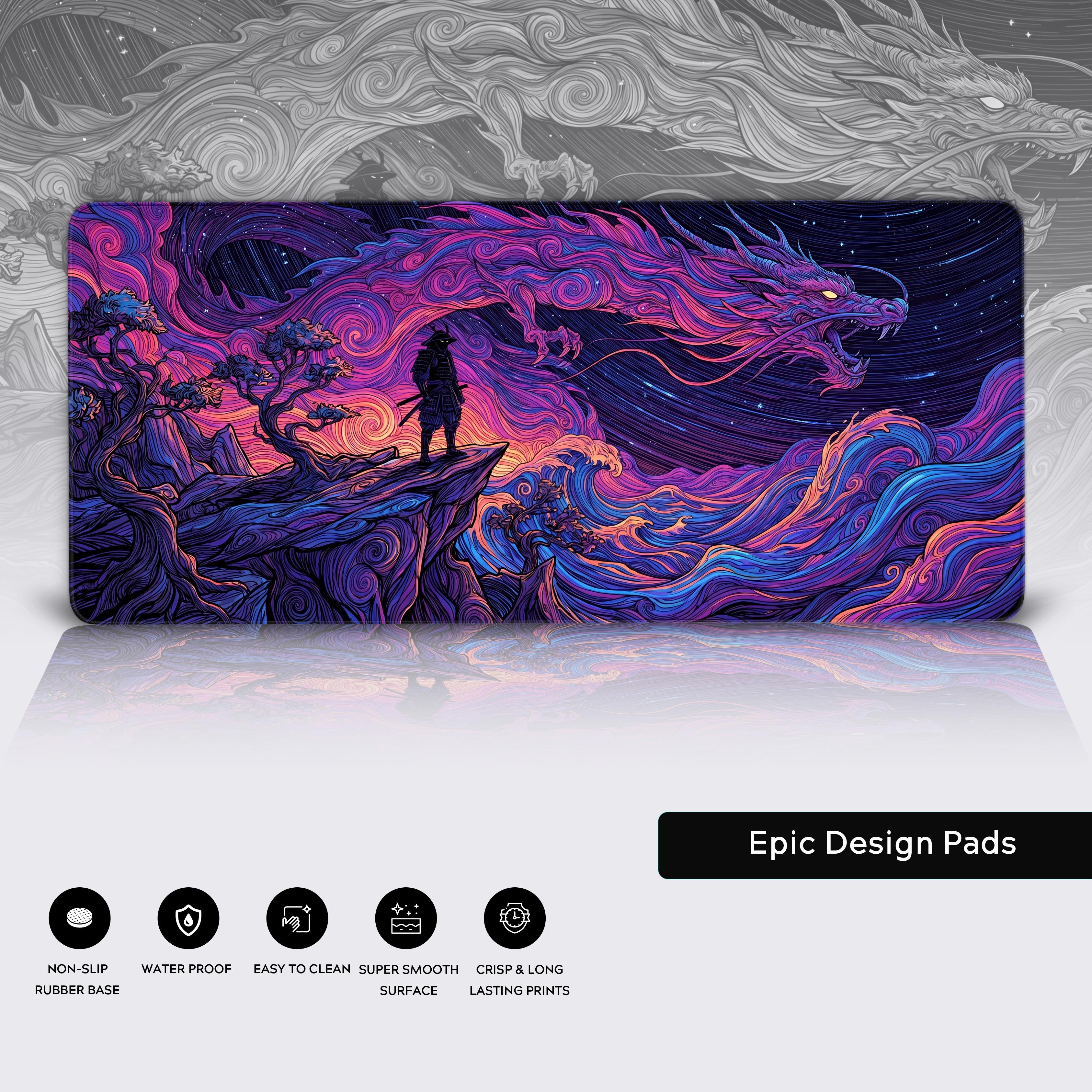 Epic fantasy samurai and eastern dragon XL desk mat elevating a modern gaming setup.