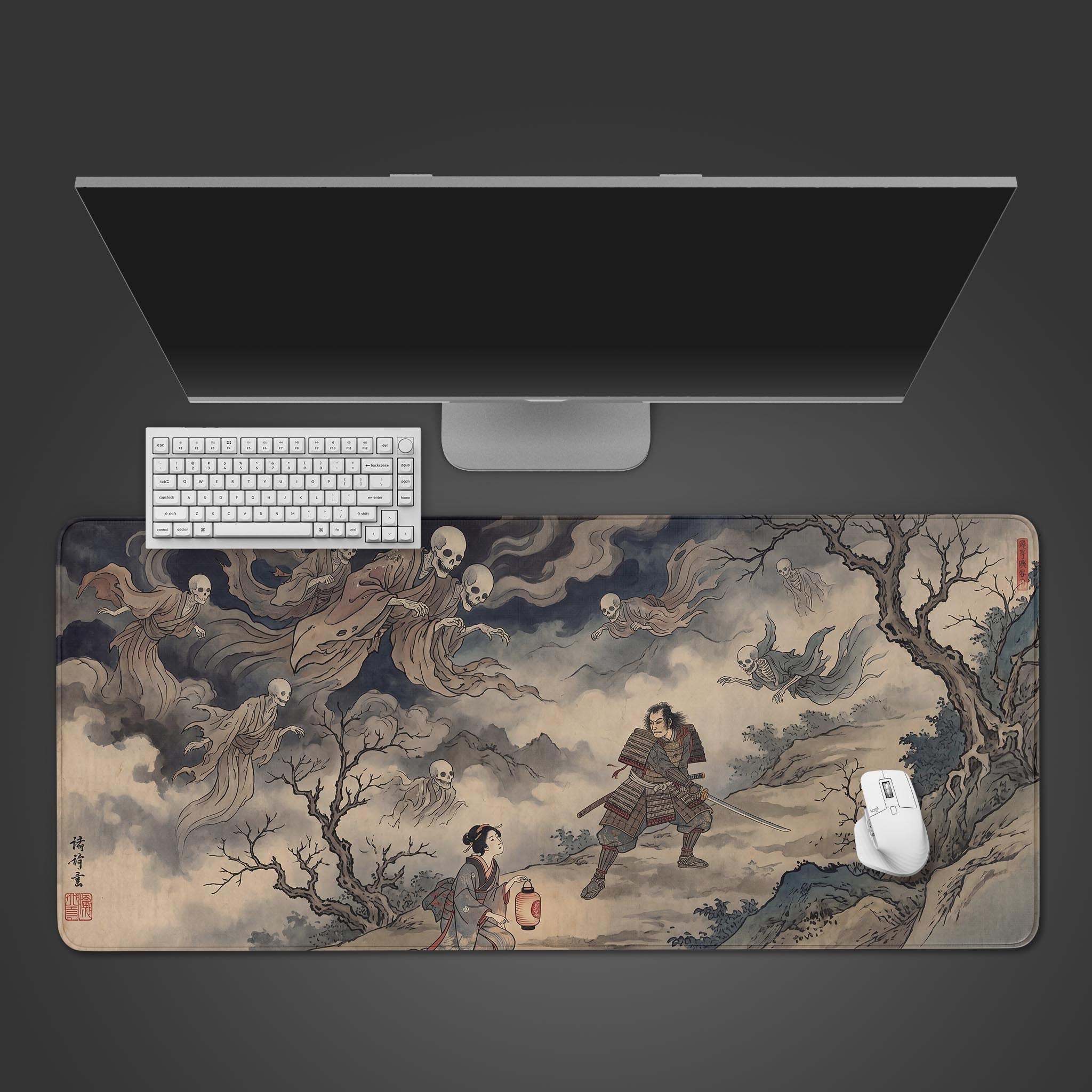Traditional Japanese art desk mat featuring a samurai fighting off flying skeletal ghosts