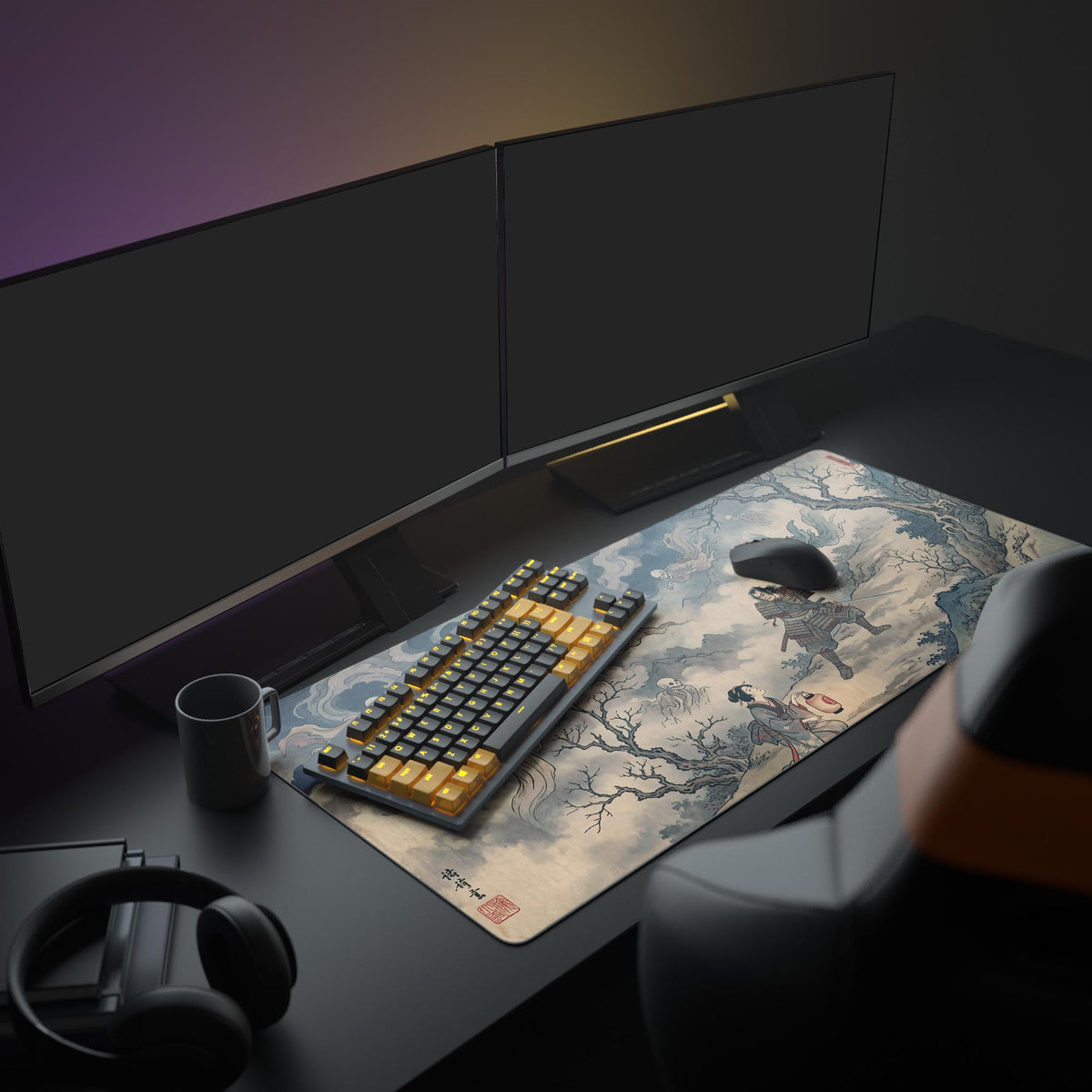 Samurai Ghost Battle desk mat in a dark gaming setup with a mechanical keyboard, a mouse and headphones