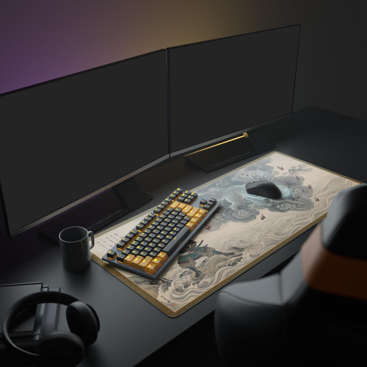 A full PC setup featuring the Samurai's Stand XL mouse pad. The Japanese art design with a dragon and warrior complements the monitor and gaming peripherals. - Epic Design Pads & Mousepads