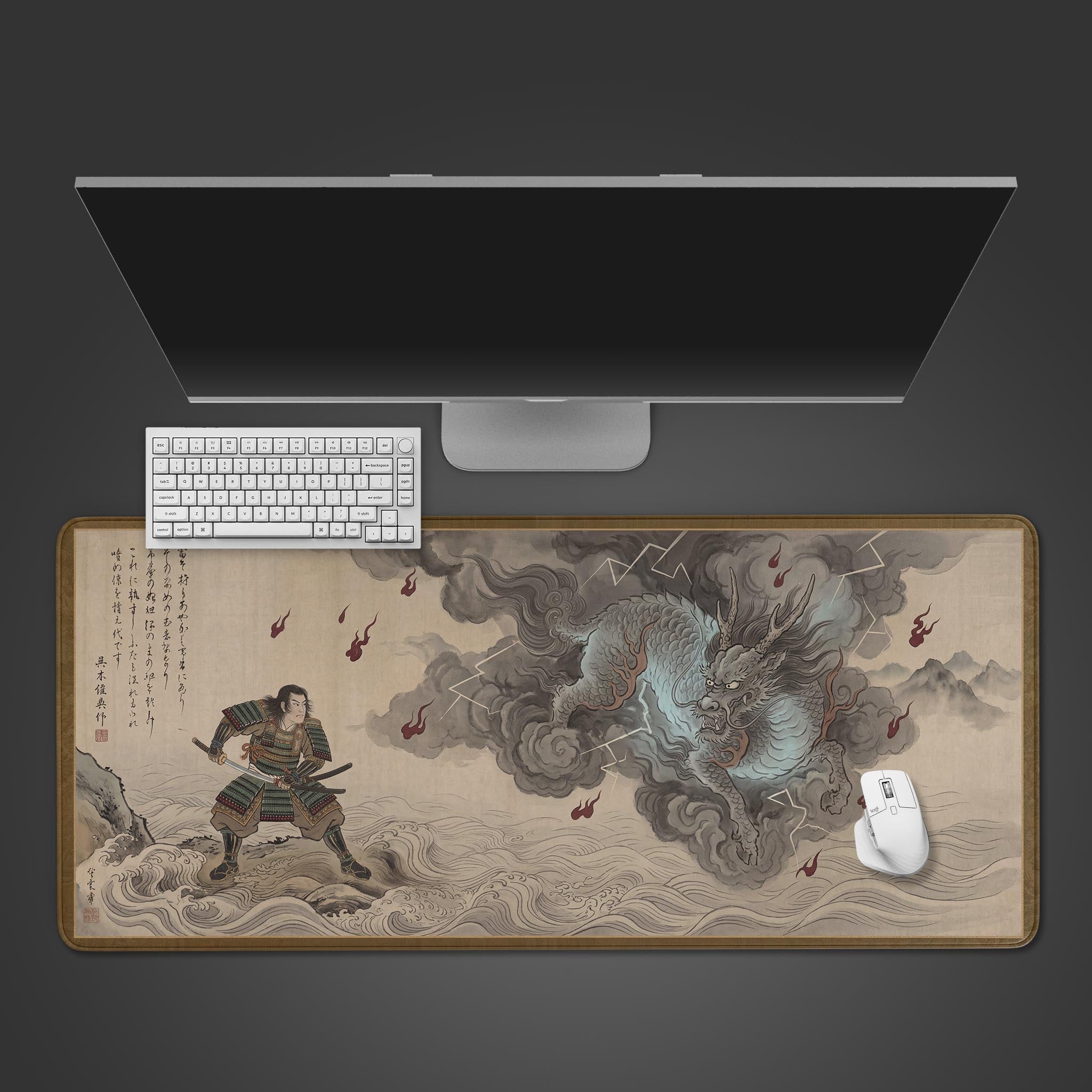 Top-down view of the Samurai's Stand gaming desk mat, featuring a Japanese art design of a samurai and dragon, shown with a white keyboard and mouse. - Epic Design Pads & Mousepads