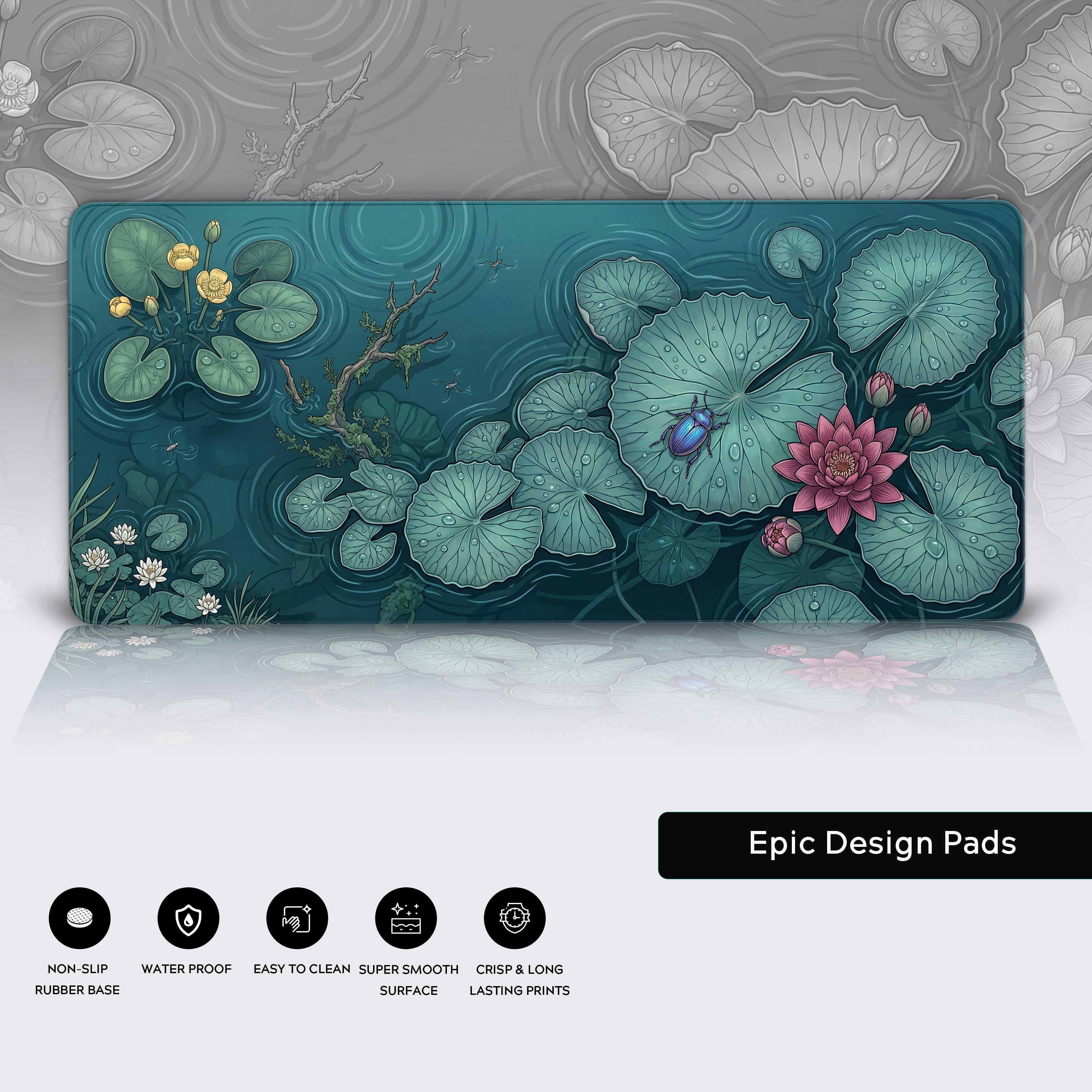 Full view of the tranquil aquatic pond life desk mat on a white background