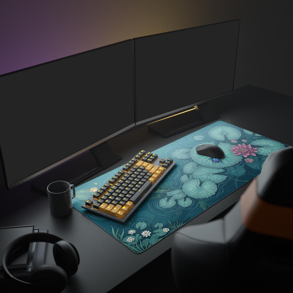 Sapphire Lily Pond desk mat in a dark gaming setup with a mechanical keyboard, a mouse and headphones