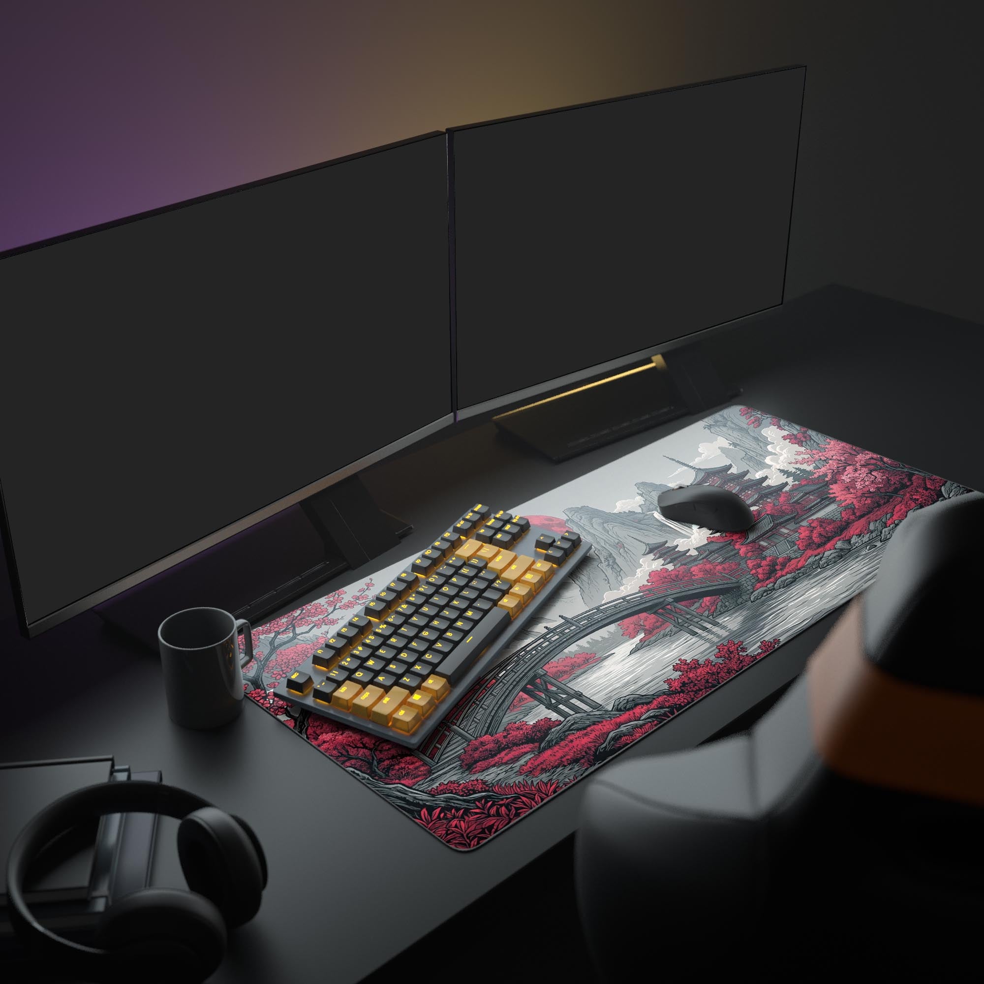 A full PC setup showcasing the Scarlet Moon gaming desk mat, creating a focused red and black aesthetic with a large monitor and gaming peripherals. - Epic Design Pads & Mousepads