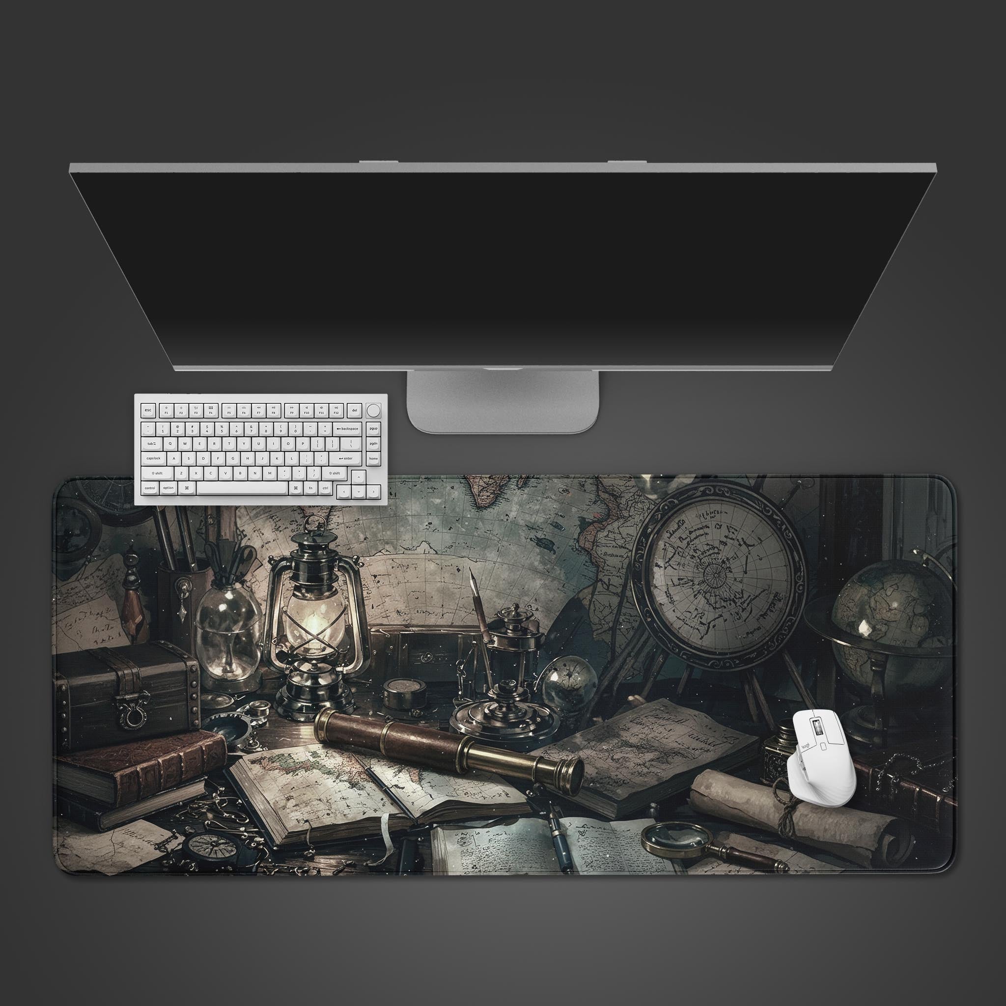 Dark academia desk mat with vintage scholar design, showing a telescope and books. Top-down view with a mechanical keyboard and mouse. - Epic Design Pads & Mousepads