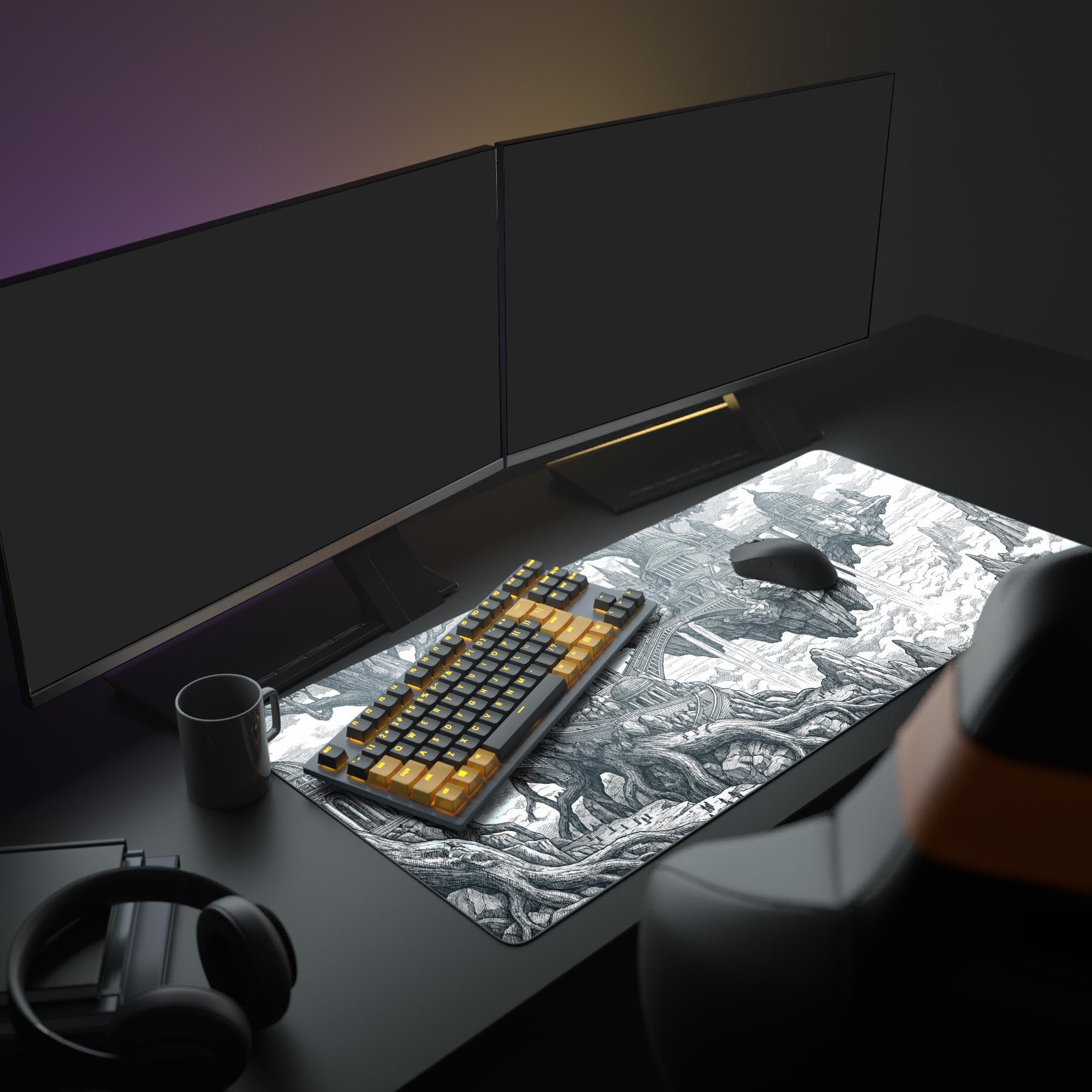A full gaming setup featuring the Scholar's Zenith monochrome mouse pad, displaying its large size under dual monitors, a mechanical keyboard, and an ergonomic mouse. - Epic Design Pads & Mousepads