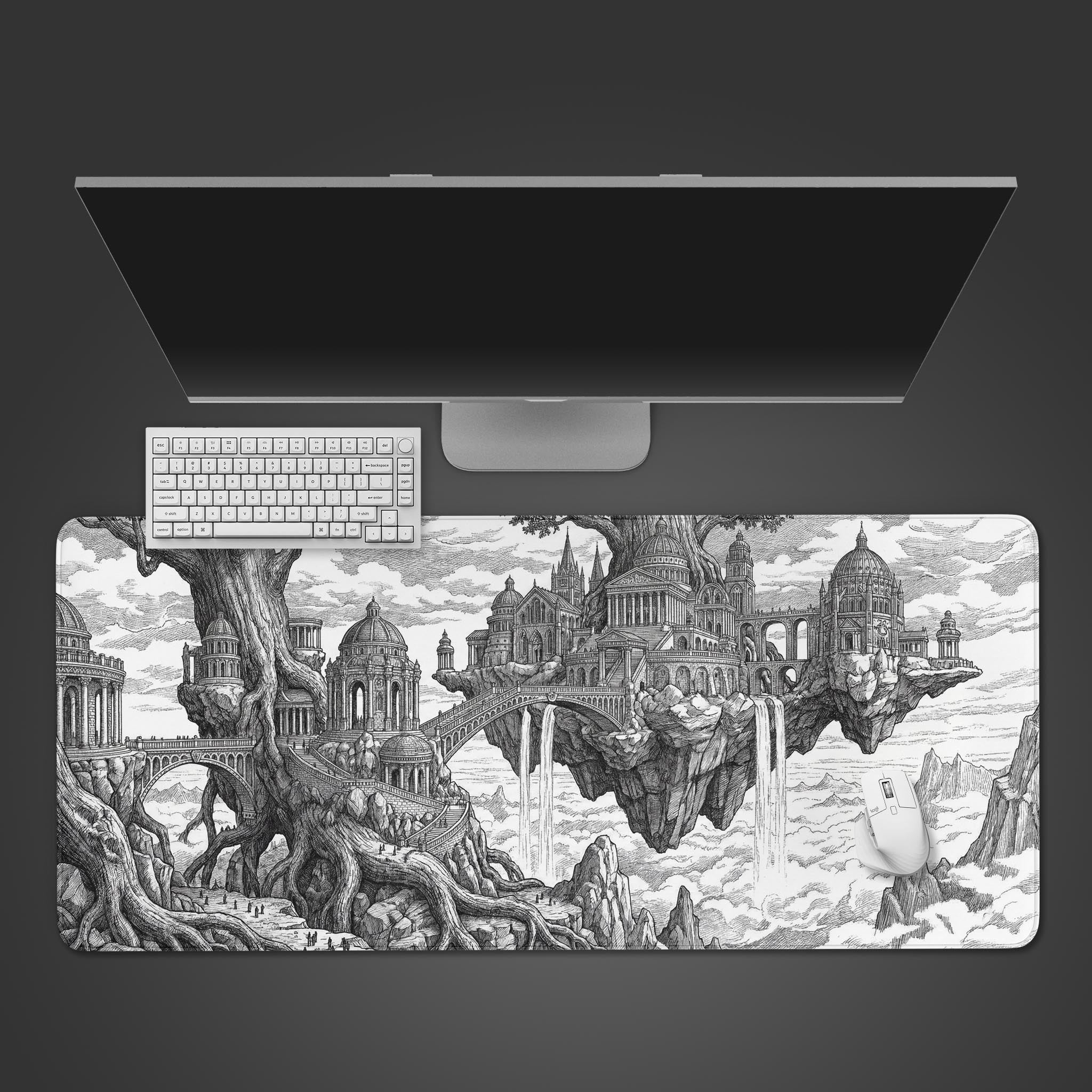 Top-down view of the Scholar's Zenith fantasy gaming desk mat, featuring a floating castle design, shown with a white keyboard and mouse on a dark surface. - Epic Design Pads & Mousepads