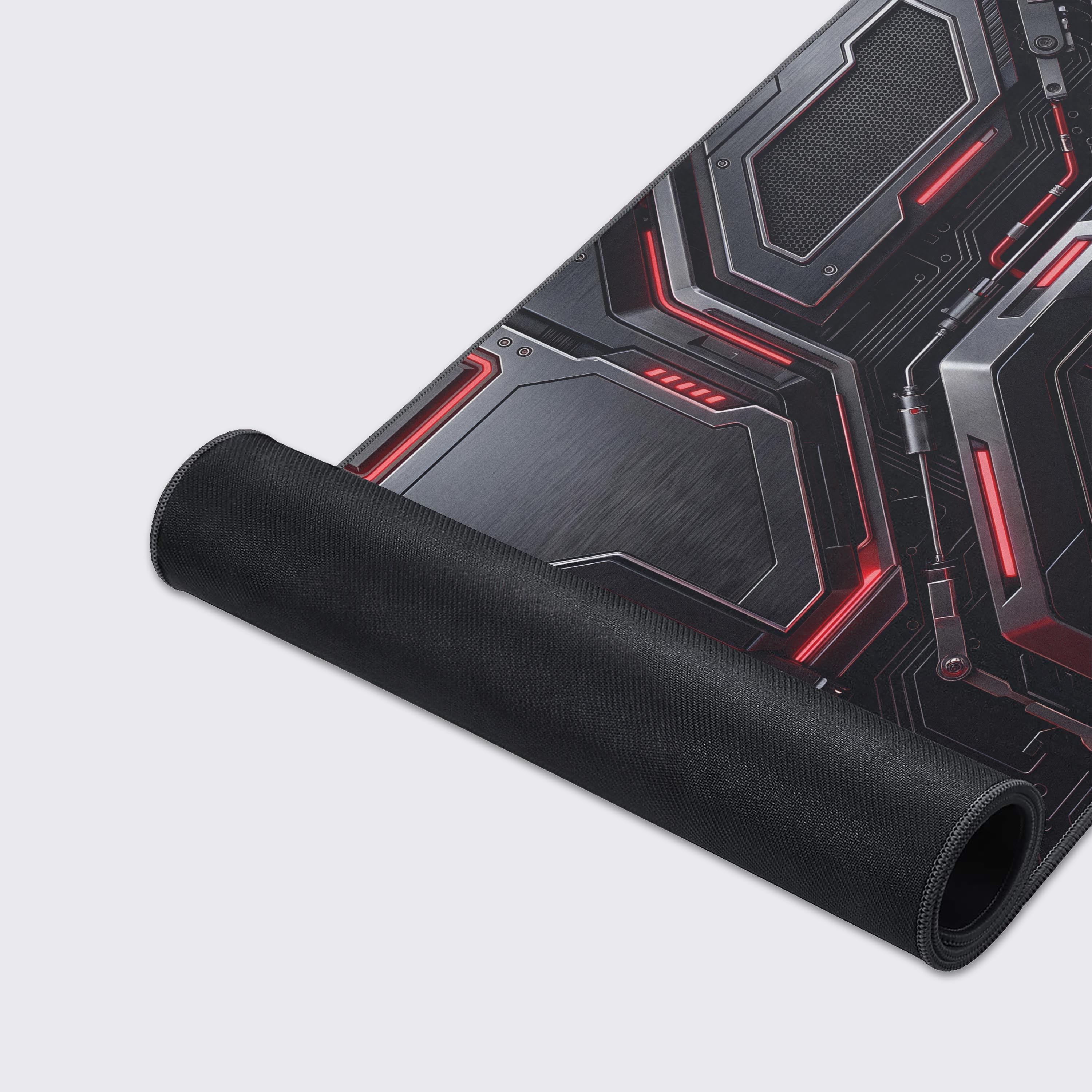 Sci-fi industrial desk mat showing water-proof and non-slip rubber base features