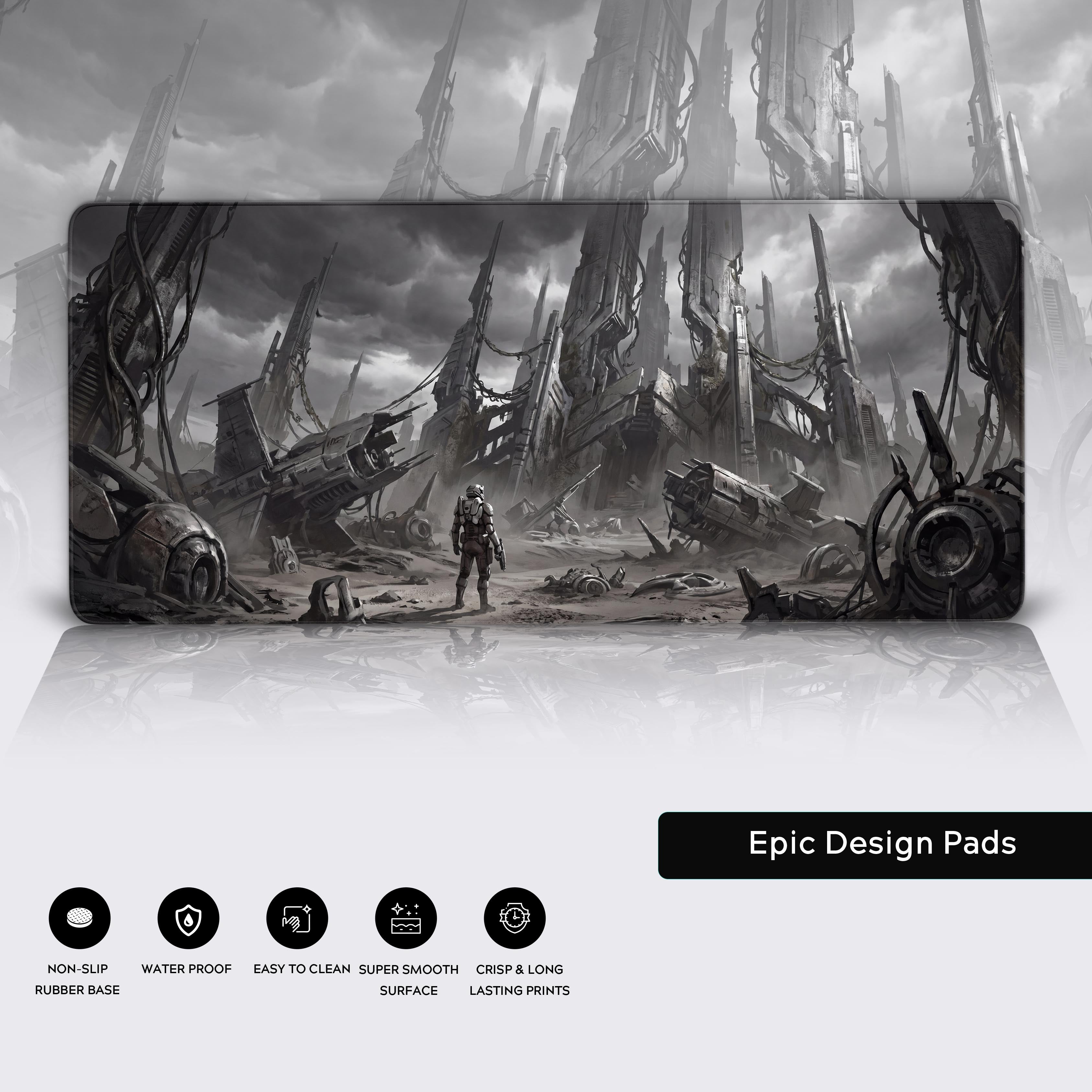 Epic dark aesthetic sci-fi workspace setup featuring the Fallen Sector XL desk pad