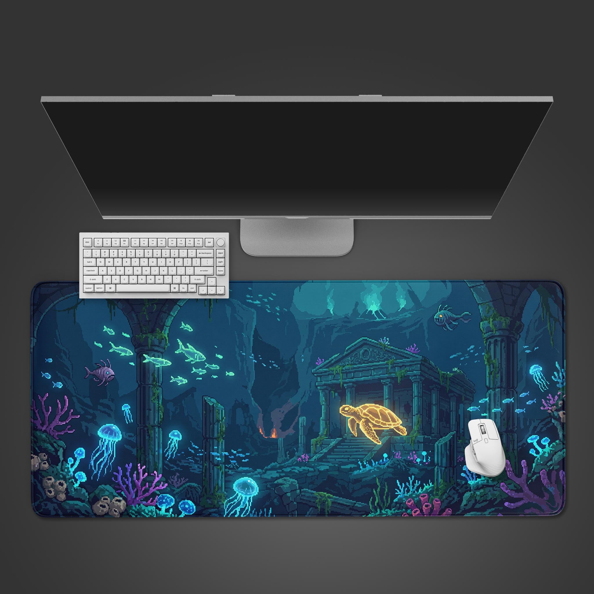Pixel art desk mat featuring a glowing golden sea turtle swimming through underwater ancient ruins.