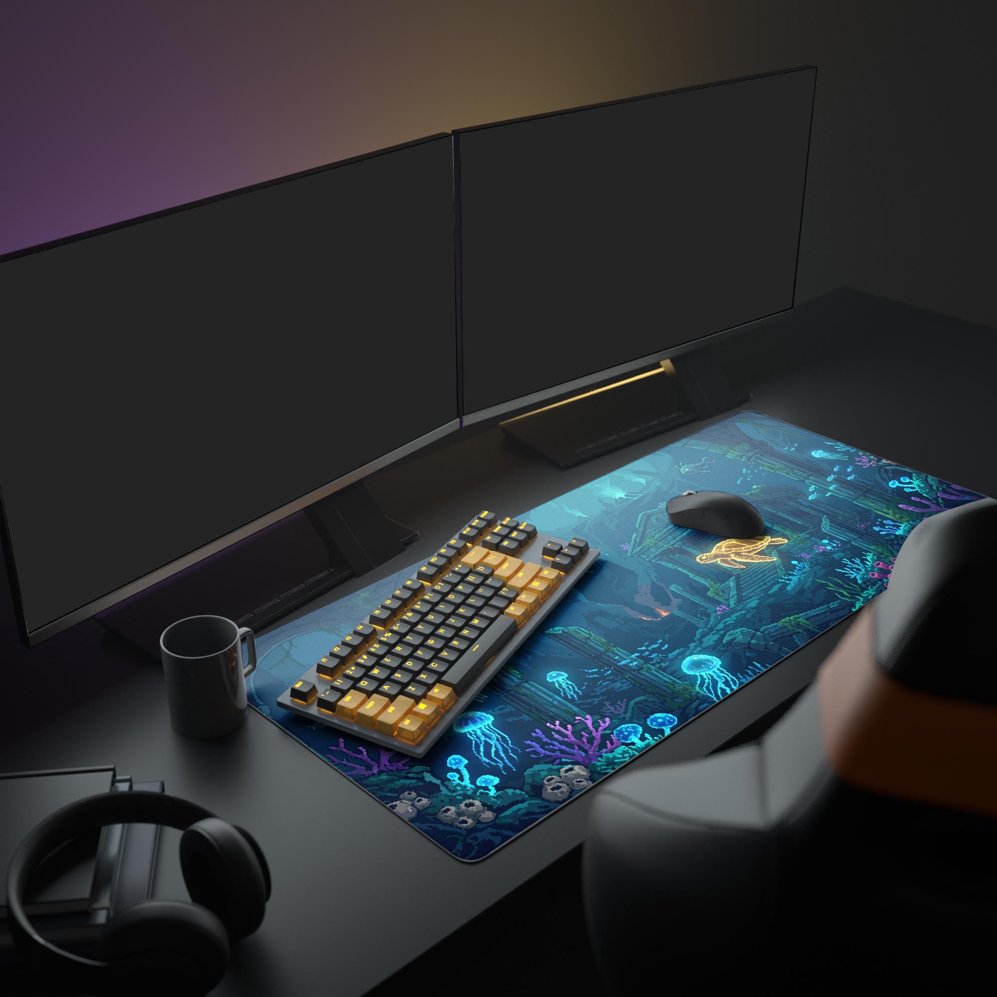 Close-up of luminous bioluminescent jellyfish and vibrant coral on a retro gaming mouse pad.