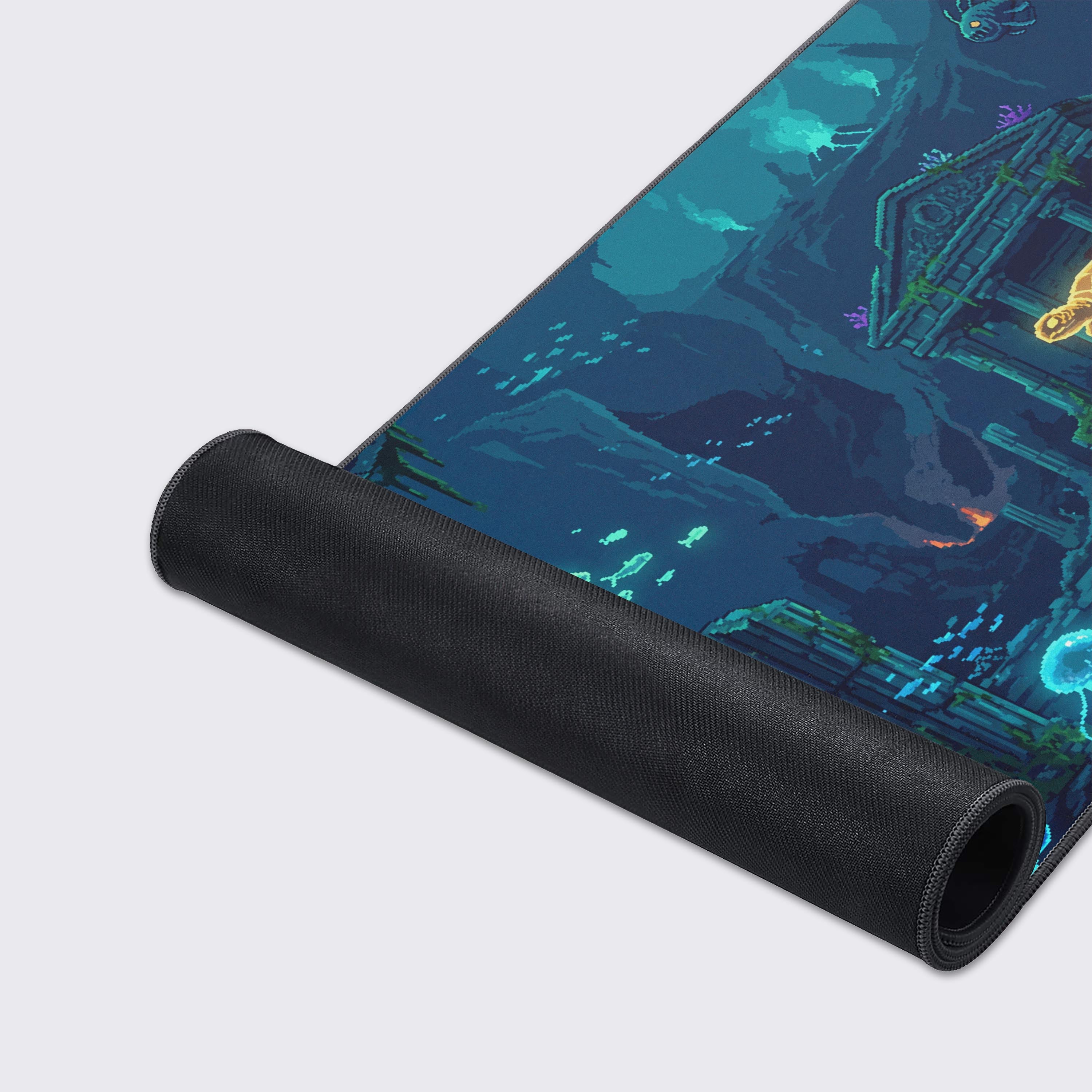 Deep blue pixelated ocean scene on an extra large waterproof gaming mat.