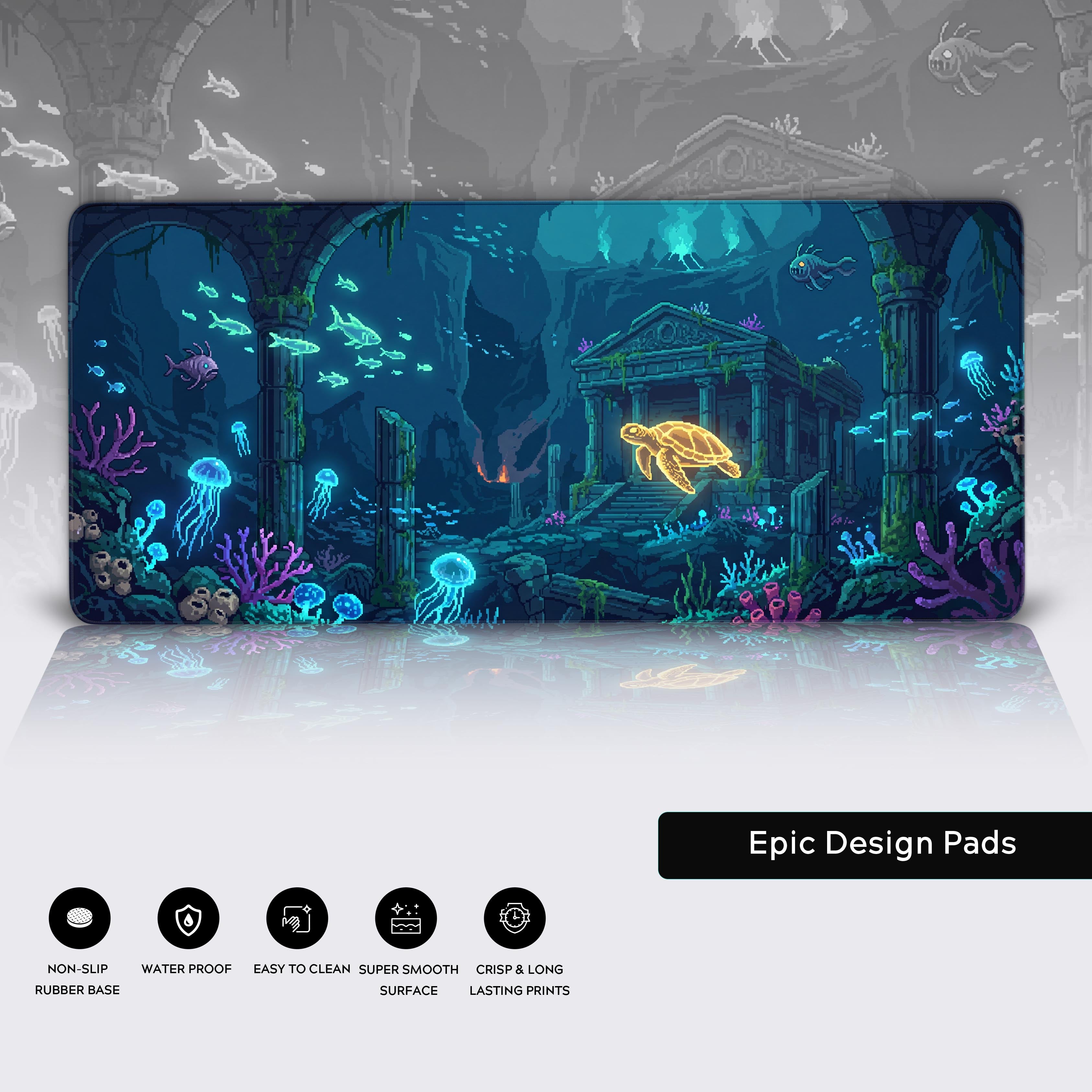 Complete gaming setup accessory showing the non-slip and easy-to-clean features with epic pixel underwater art.