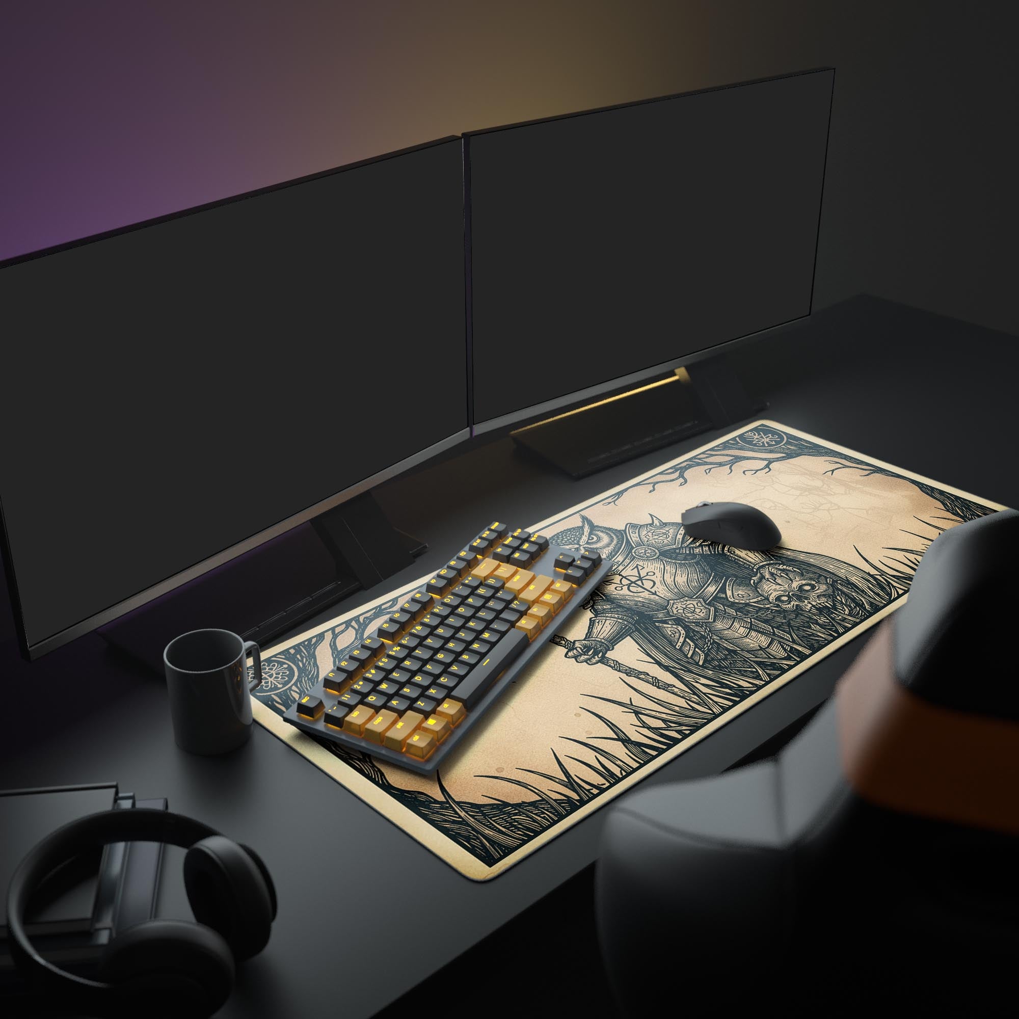 Dark Fantasy Desk Mat – Sepia Reaper Knight Owl Art, Large