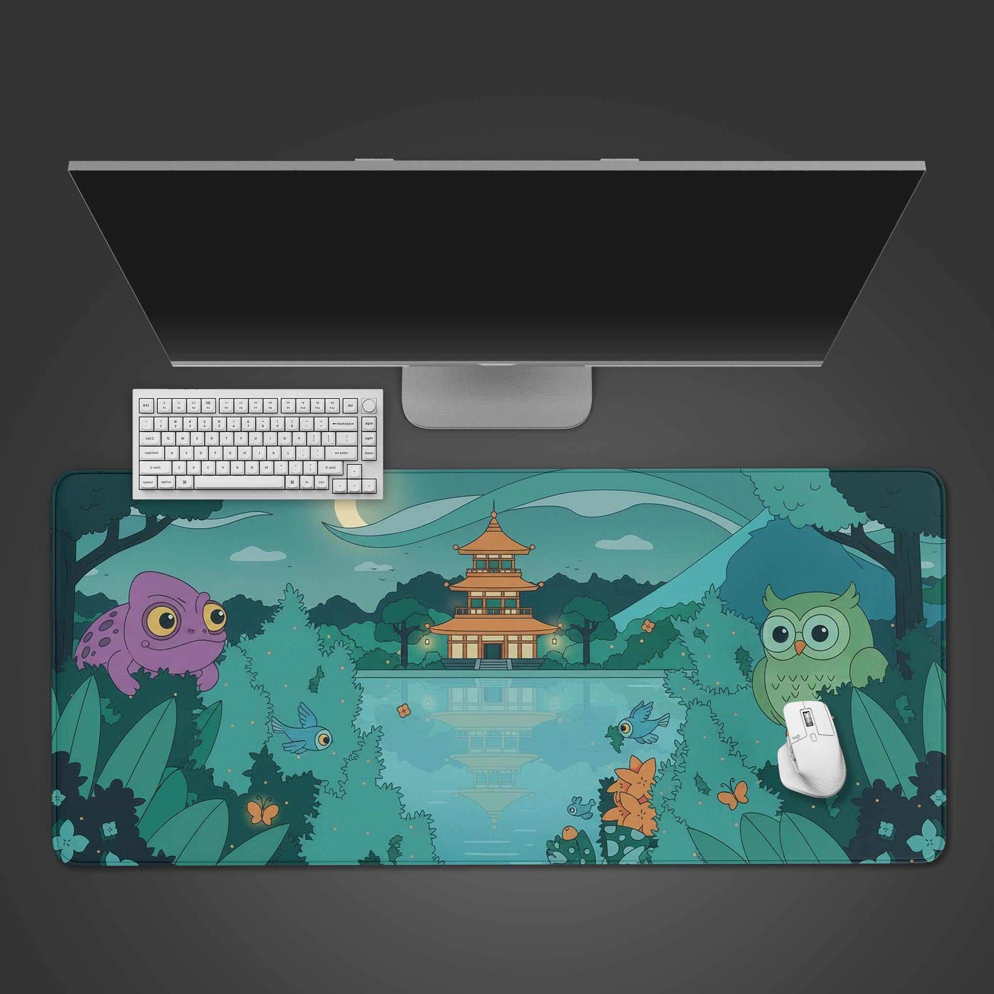 Serene Pagoda desk mat with tranquil forest scene – desktop view with keyboard and mouse. - Epic Design Pads