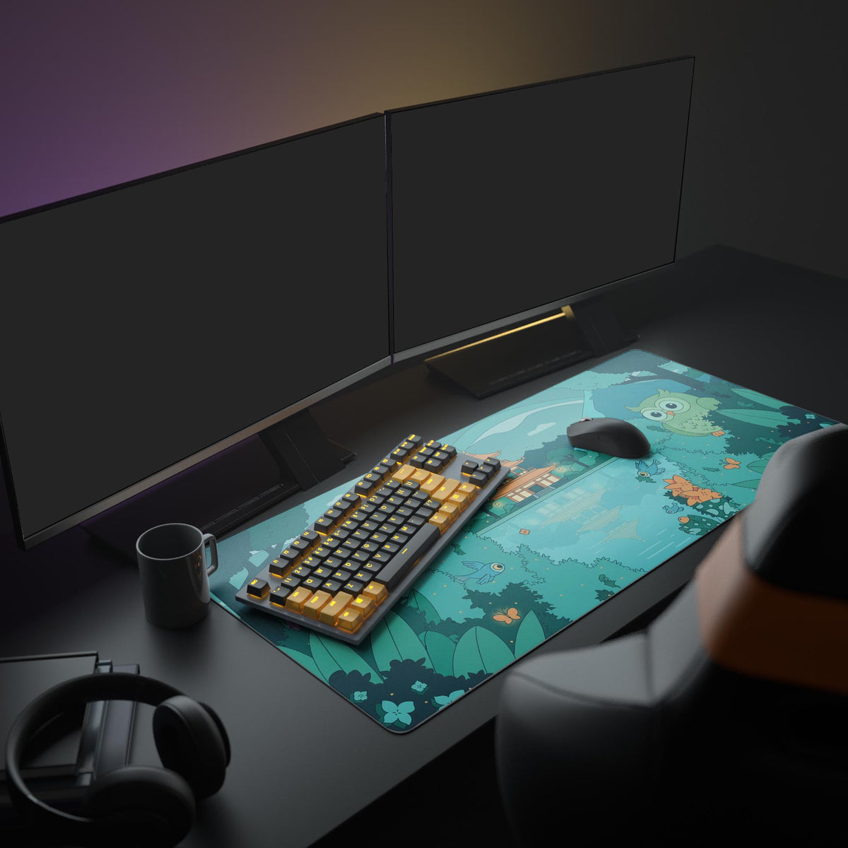Nature-inspired desk mat with whimsical serenade – shown in a cozy workspace setup. - Epic Design Pads