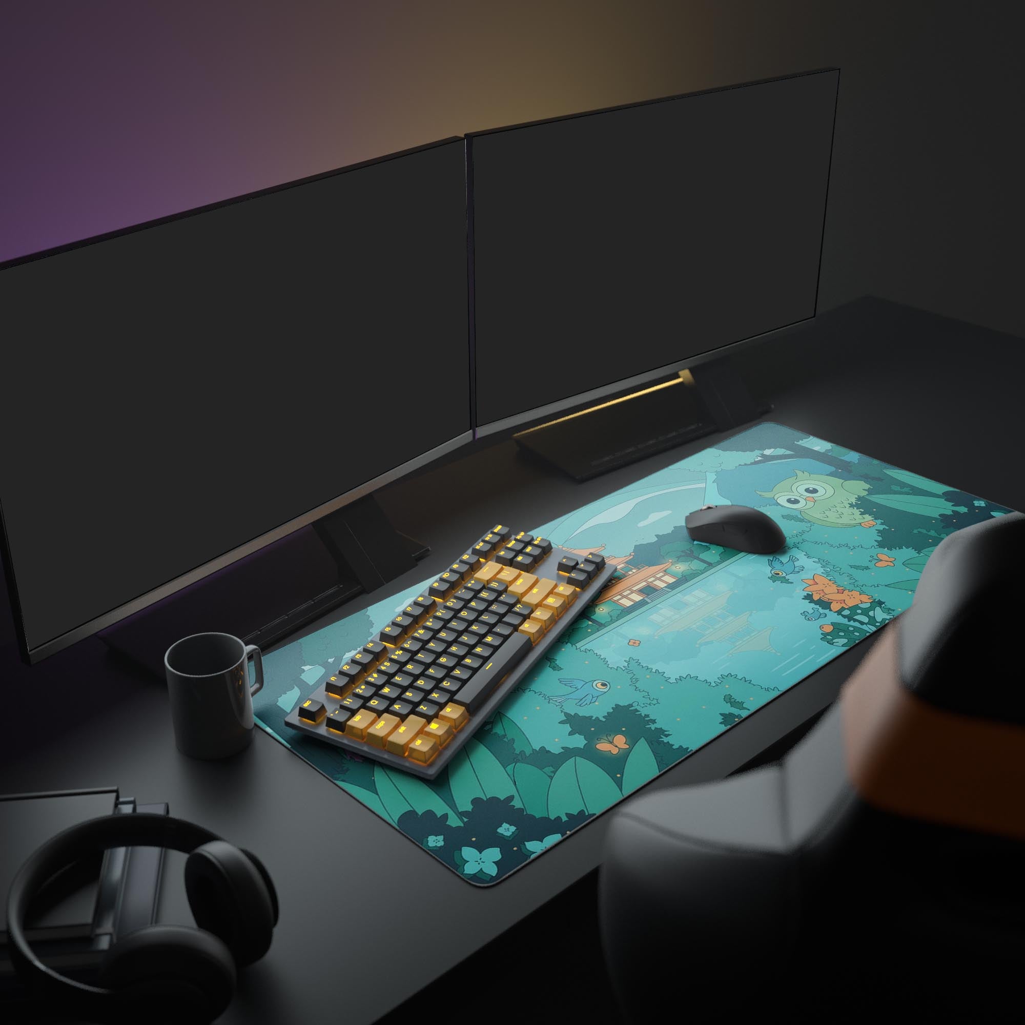 Nature-inspired desk mat with whimsical serenade – shown in a cozy workspace setup. - Epic Design Pads