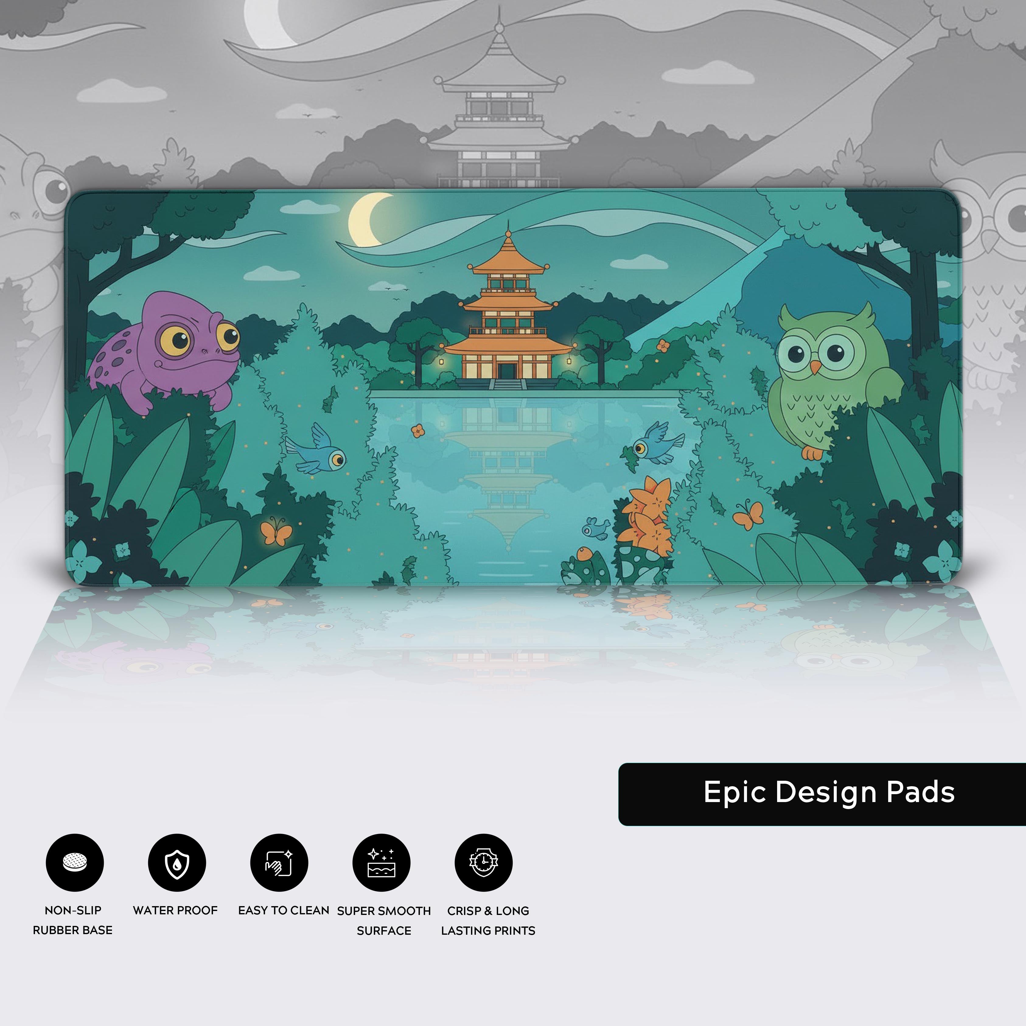 Serene Pagoda desk mat with peaceful reflections – features calming design and non-slip base. - Epic Design Pads