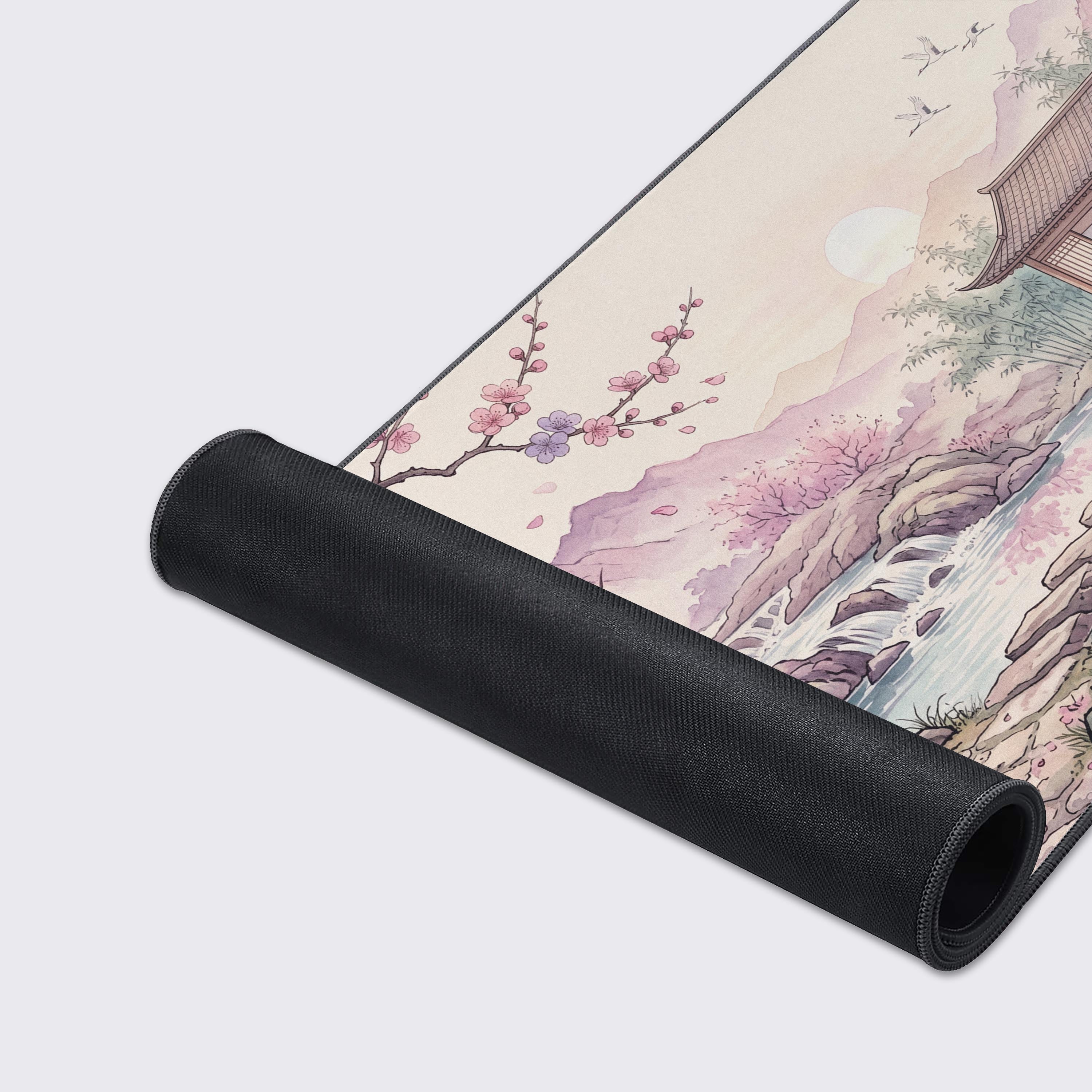Zen water pavilion and stepping stones illustration on a gaming mat