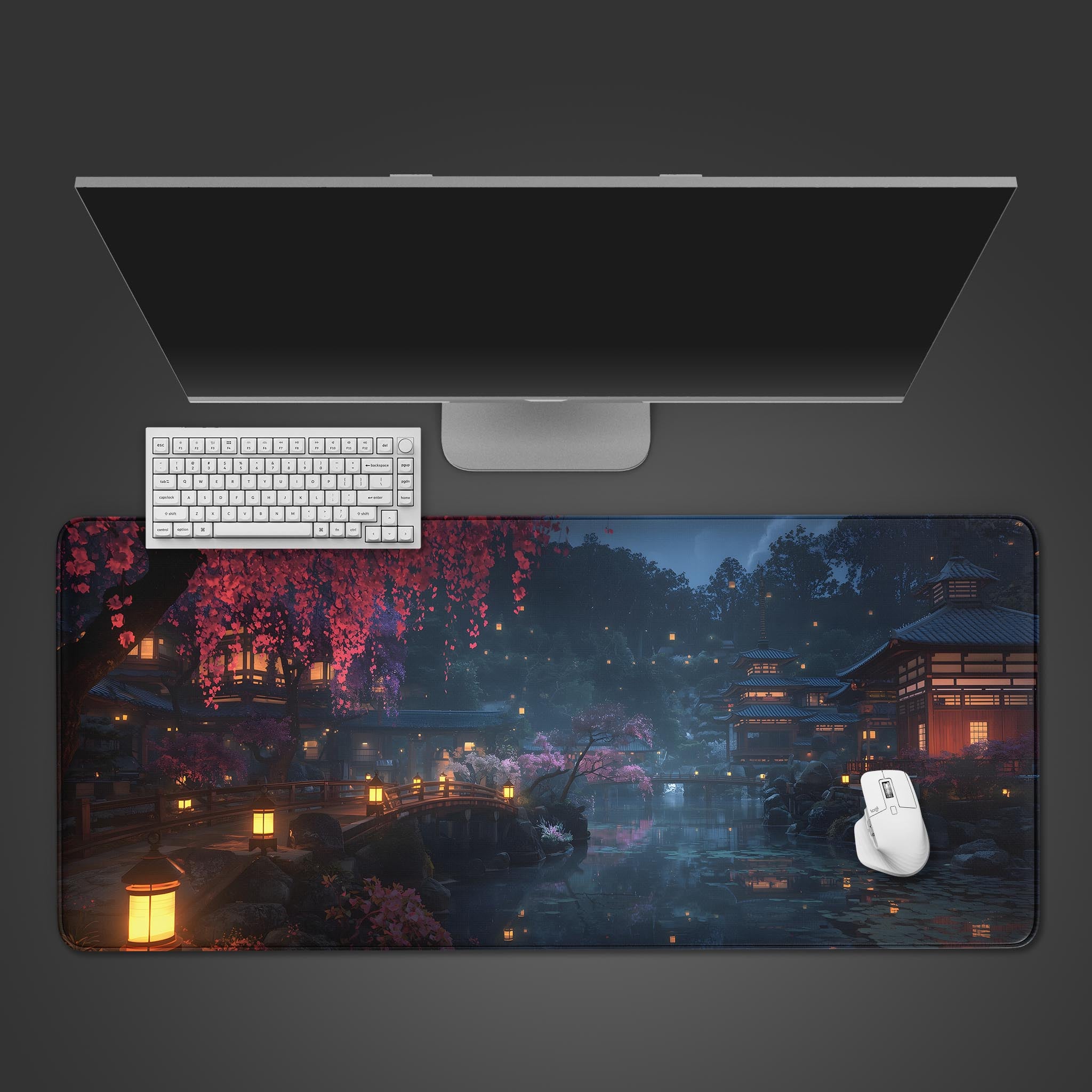 Serene Village Japanese desk mat with glowing lanterns and cherry blossoms – desktop view with keyboard and mouse. - Epic Design Pads & Mousepads