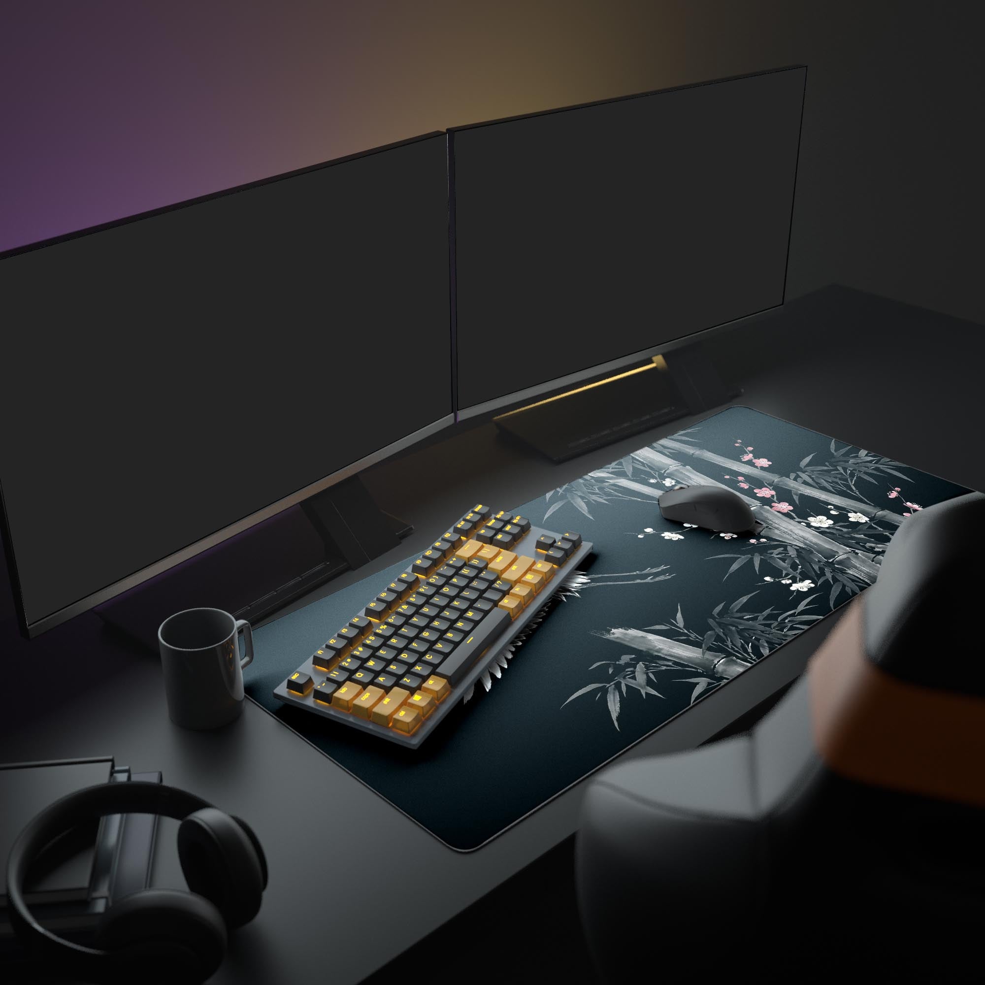 A minimalist PC setup featuring the Shadow Flight XL mouse pad, with its Japanese crane art beautifully complementing a sleek monitor, keyboard, and white mouse. - Epic Design Pads & Mousepads