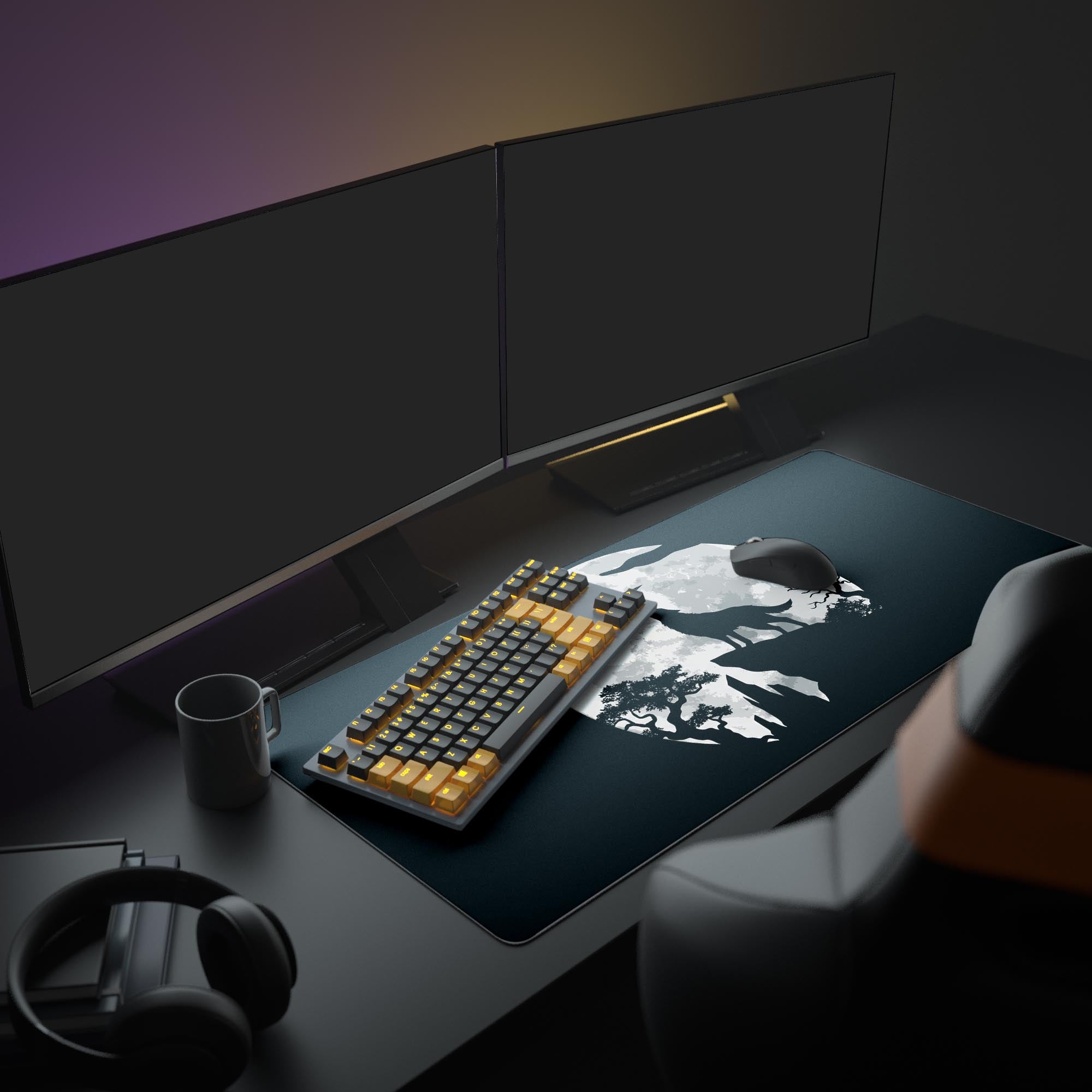 A modern PC setup featuring the Shadow Howl gaming desk mat. The monochrome wolf and moon design complements the monitor, keyboard, and mouse for a clean aesthetic. - Epic Design Pads & Mousepads