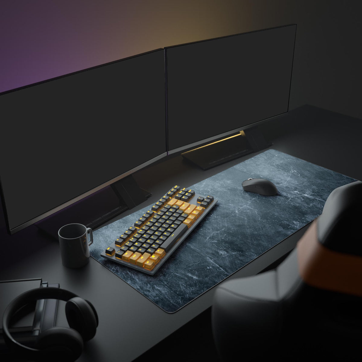 Large gray desk mat with a slate texture featured in a minimalist desk setup with dual monitors, headphones, and a mechanical keyboard. - Epic Design Pads & Mousepads