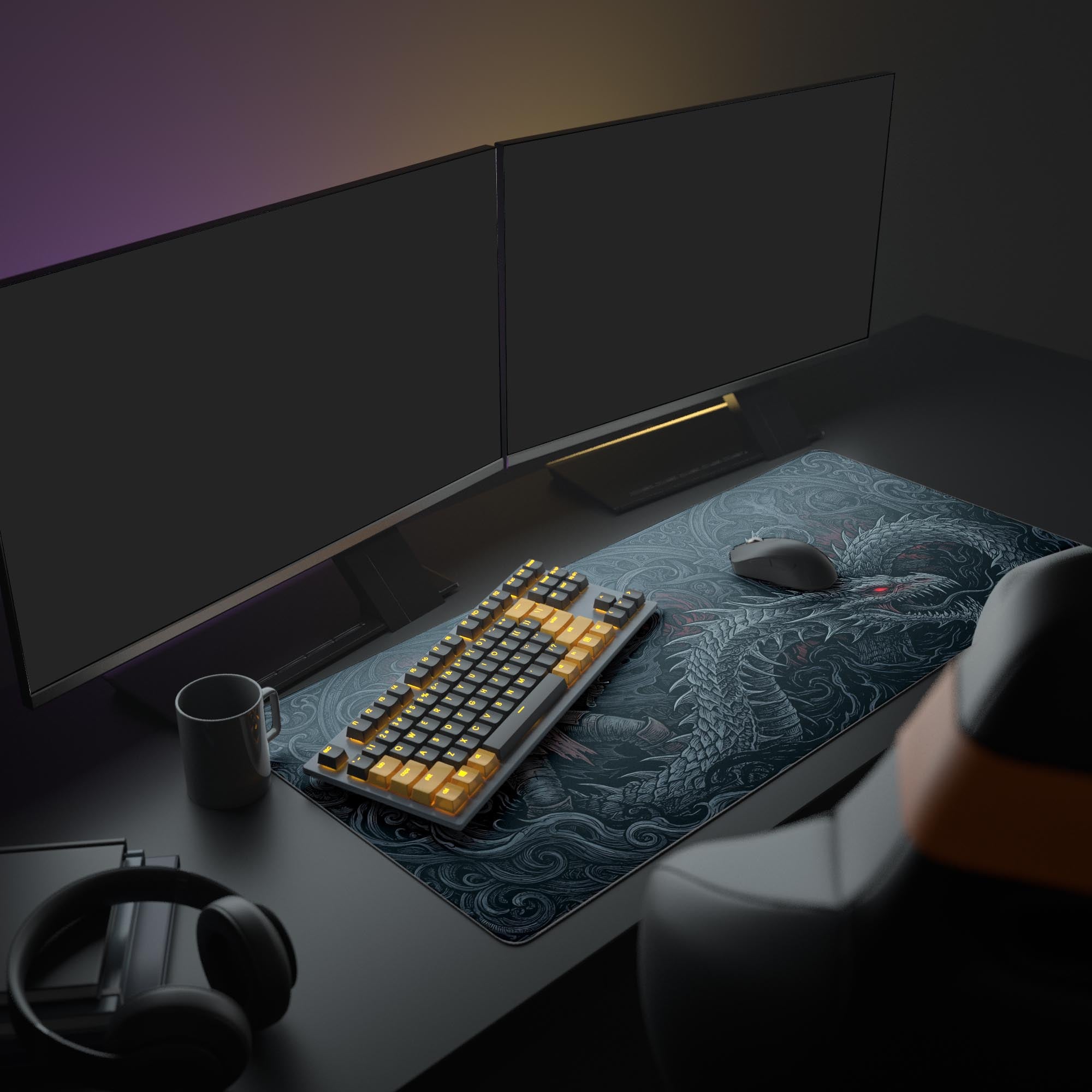 A full gaming PC setup featuring the Shadowborn Hunter XL mouse pad, with a large monitor, white gaming keyboard, and mouse enhancing the dark fantasy aesthetic. - Epic Design Pads & Mousepads