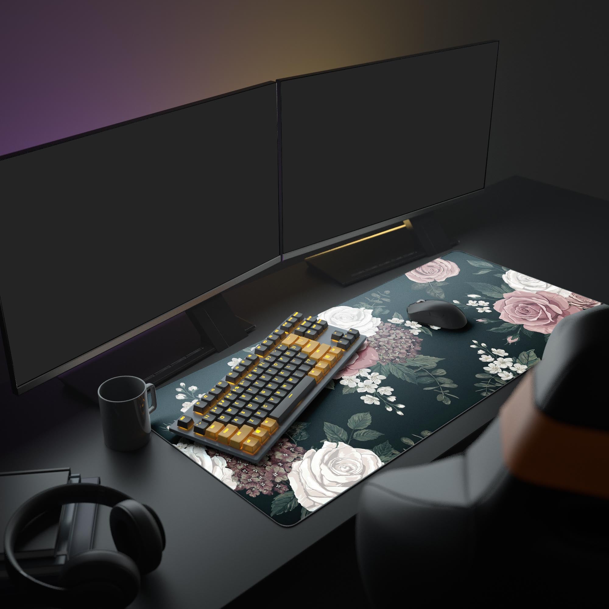 Large Shadowed Grace floral desk mat featured in an aesthetic desk setup with dual monitors, creating an elegant and organized workspace. - Epic Design Pads & Mousepads
