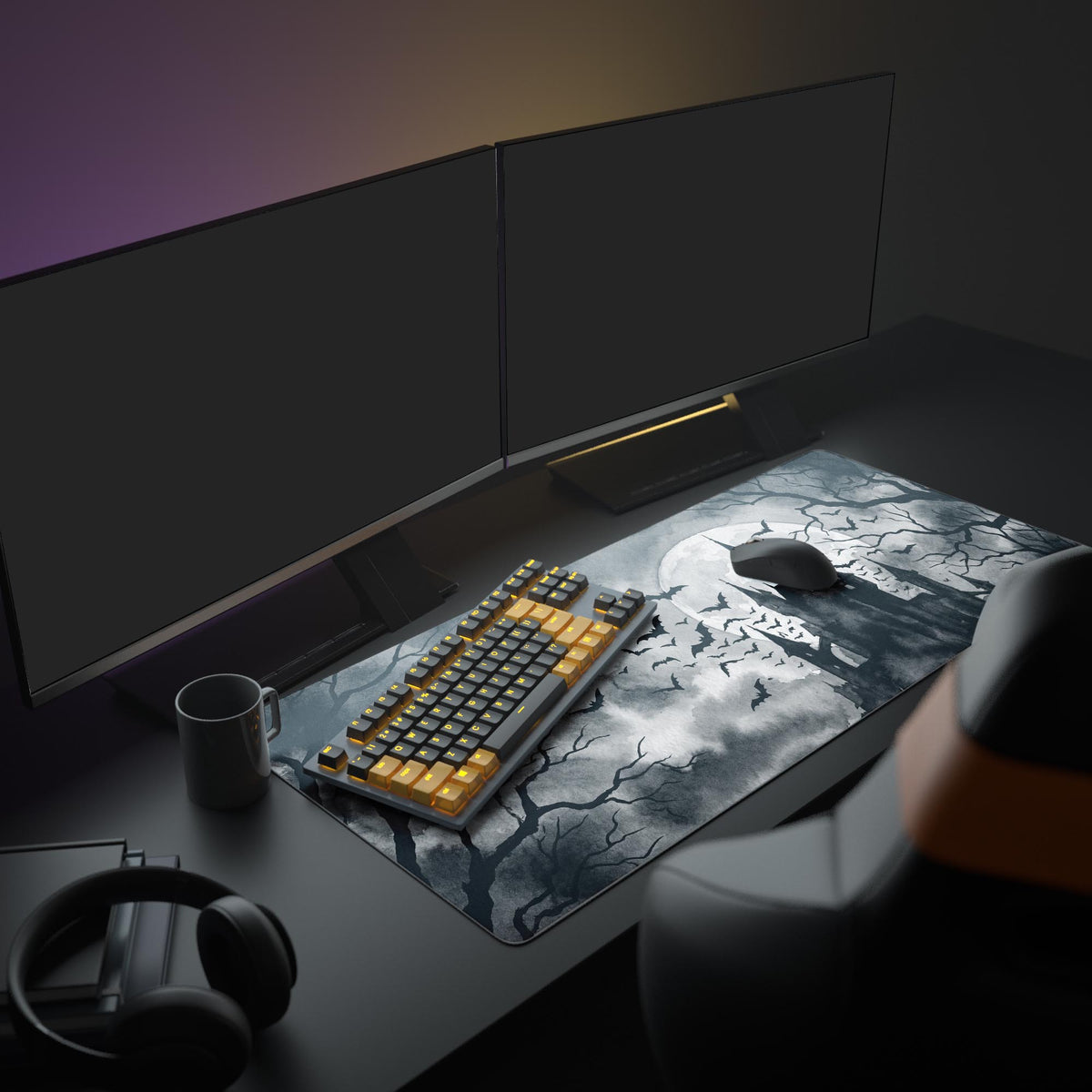 A full PC setup featuring the Shadowed Manor mouse pad, with a monitor and keyboard, creating a dark academia aesthetic workspace. - Epic Design Pads & Mousepads
