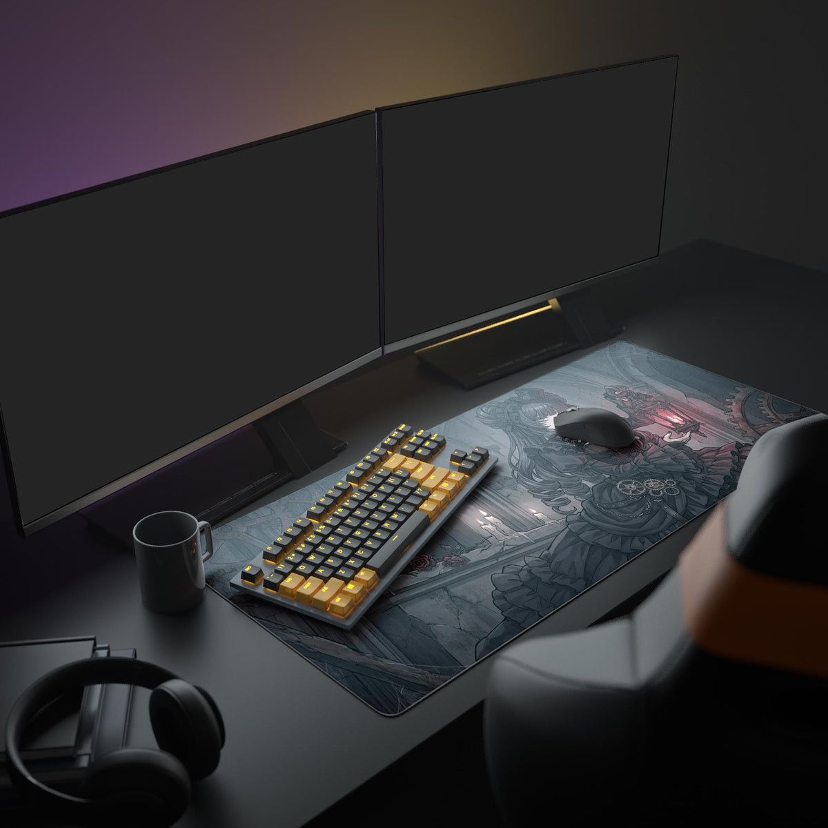 A full PC gaming setup featuring the Shadowed Vigil desk mat, creating a dark academia aesthetic with a large monitor and modern peripherals. - Epic Design Pads & Mousepads