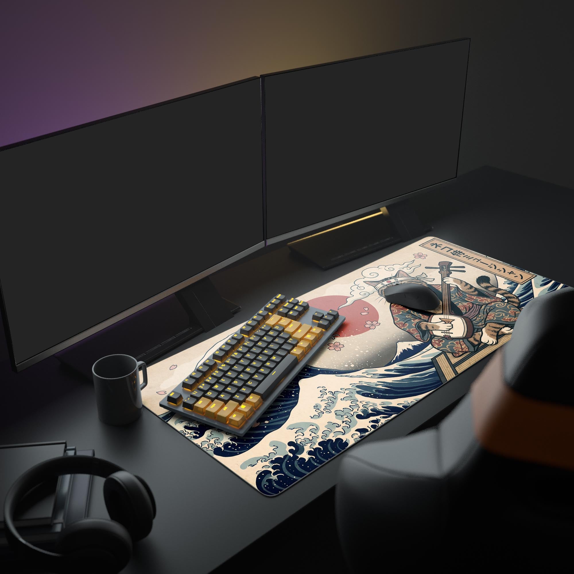 The Shamisen Samurai gaming desk mat shown in a full desk setup with a monitor, providing a large, artistic surface for a keyboard and mouse. The Japanese art style enhances the workspace. - Epic Design Pads & Mousepads