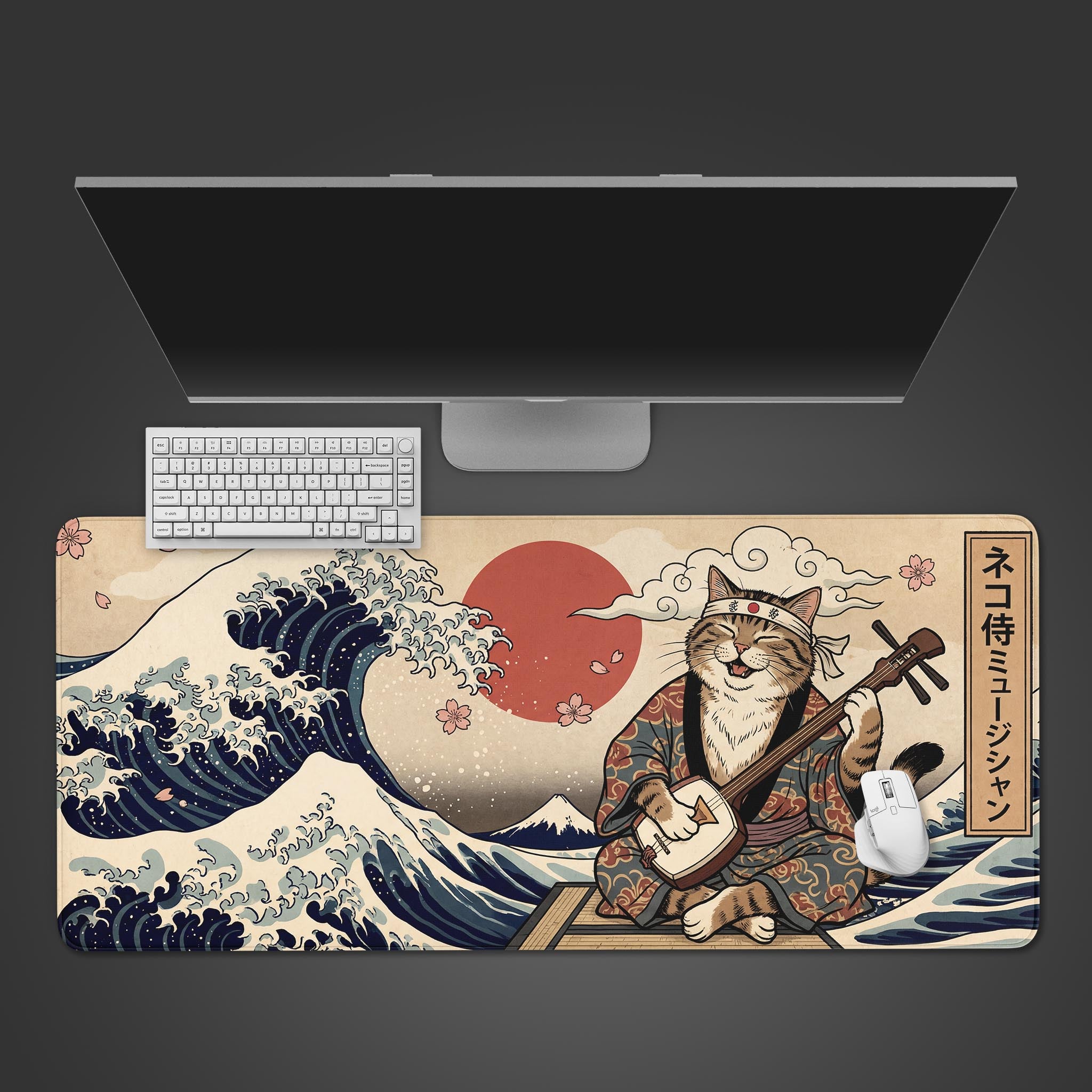 A top-down view of the Shamisen Samurai gaming desk mat. A white keyboard and mouse are placed on the Ukiyo-e design featuring a cat playing music before a great wave. - Epic Design Pads & Mousepads