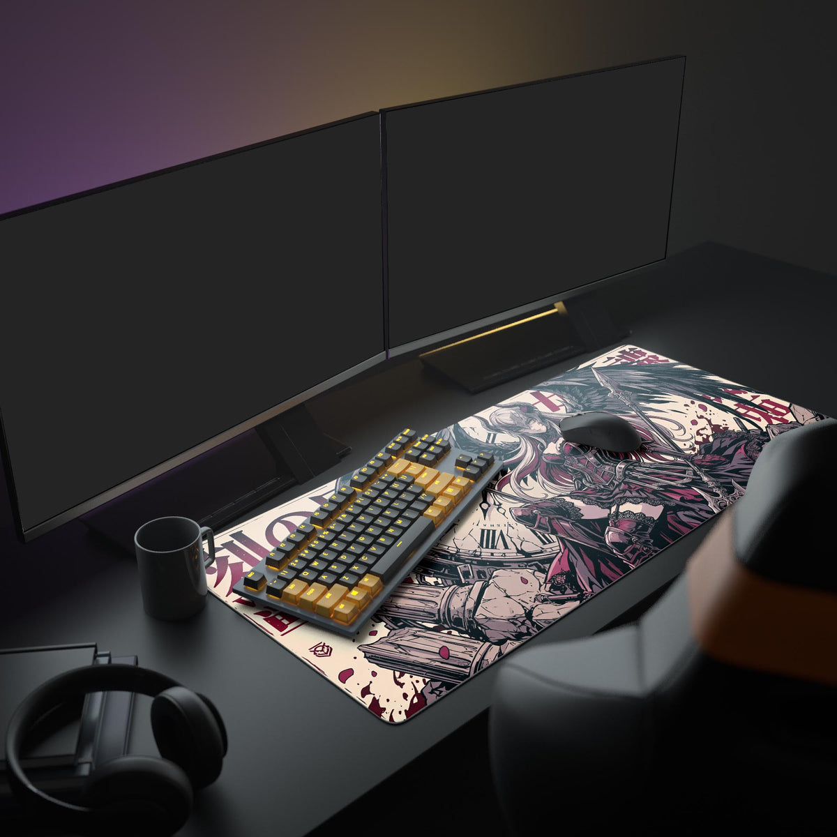 A complete gaming setup featuring the Shattered Hours anime mouse pad, with glowing monitors and a mechanical keyboard, creating a dark fantasy aesthetic. - Epic Design Pads & Mousepads