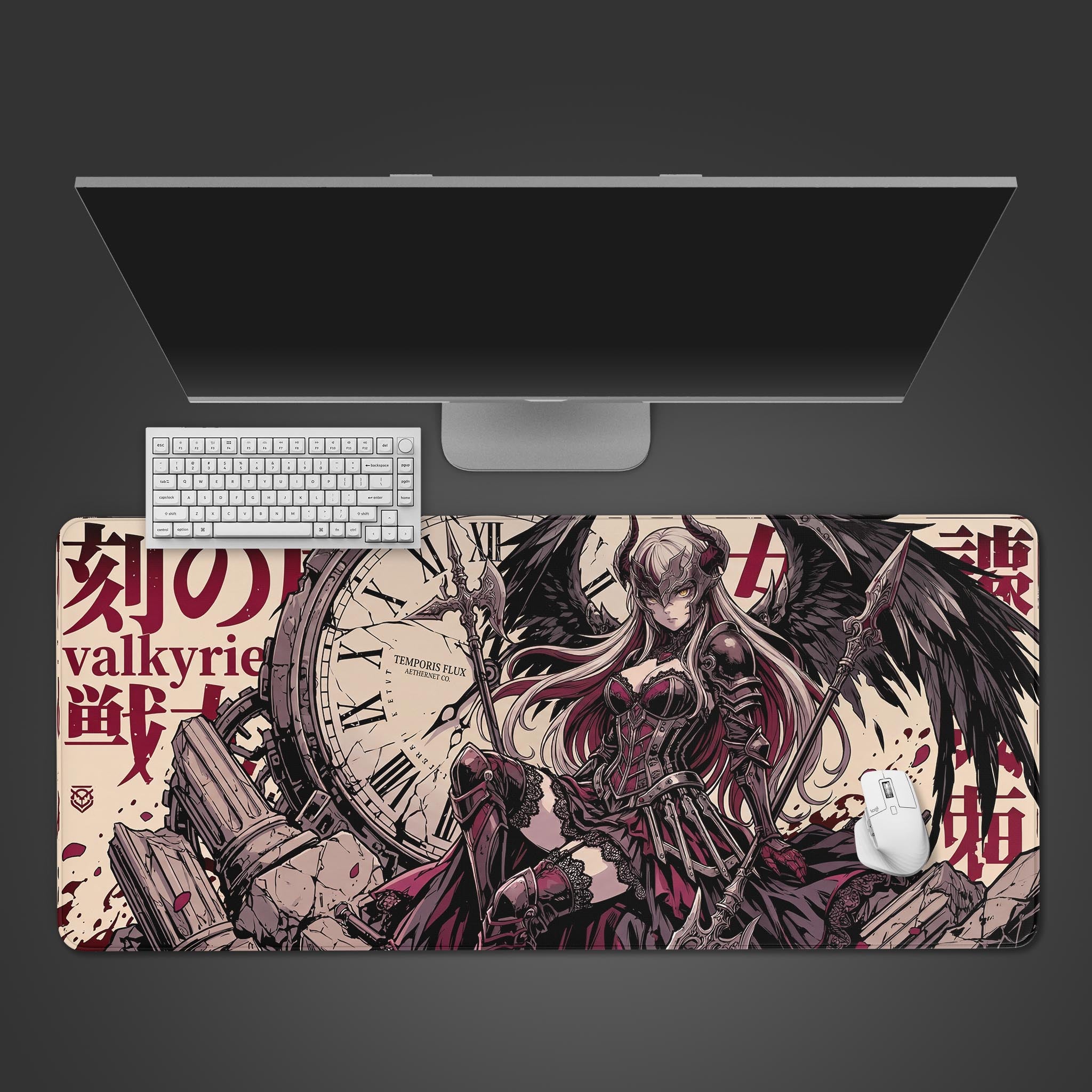 Top-down view of the Shattered Hours dark valkyrie gaming desk mat, shown with a white keyboard and mouse on a clean, modern desk. - Epic Design Pads & Mousepads