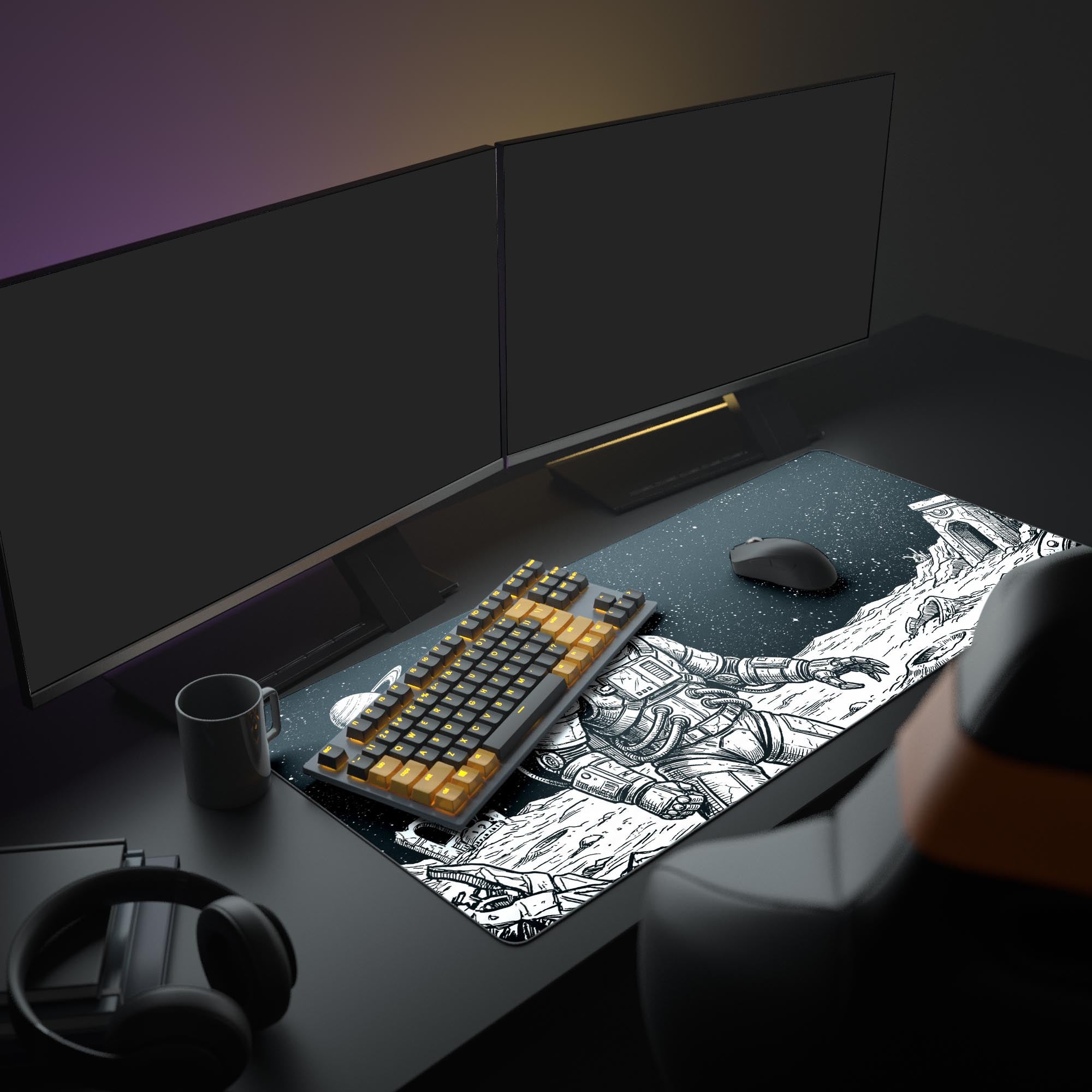 The Shattered Void mouse pad enhances a PC gaming setup, with the astronaut design providing a monochrome aesthetic below a monitor, keyboard, and mouse. - Epic Design Pads & Mousepads