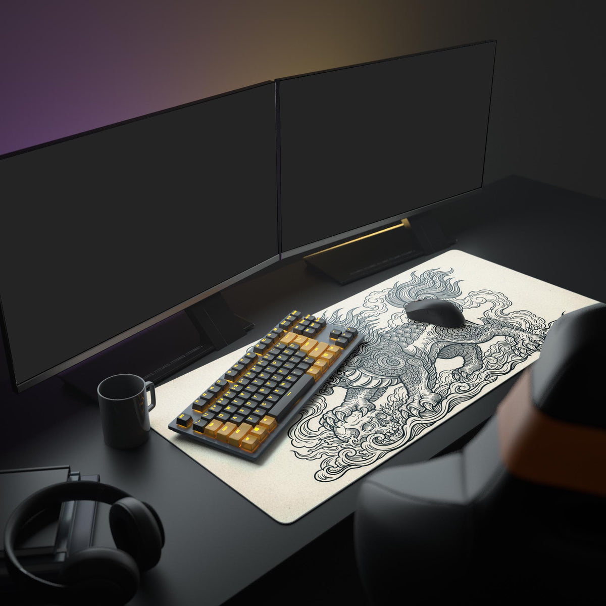 Large Guardian Lion desk mat shown in an aesthetic gaming setup with dual monitors and headphones. - Epic Design Pads & Mousepads