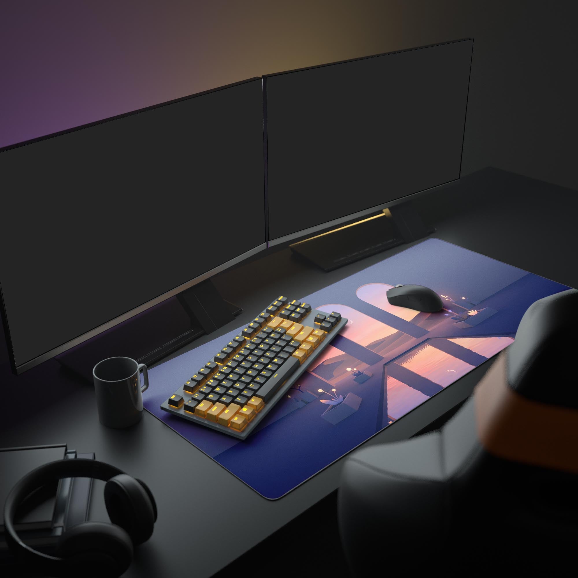 An aesthetic PC setup featuring the purple Silent Archway gaming desk mat. The design complements dual monitors, an RGB keyboard, and creates a focused, immersive workspace. - Epic Design Pads & Mousepads